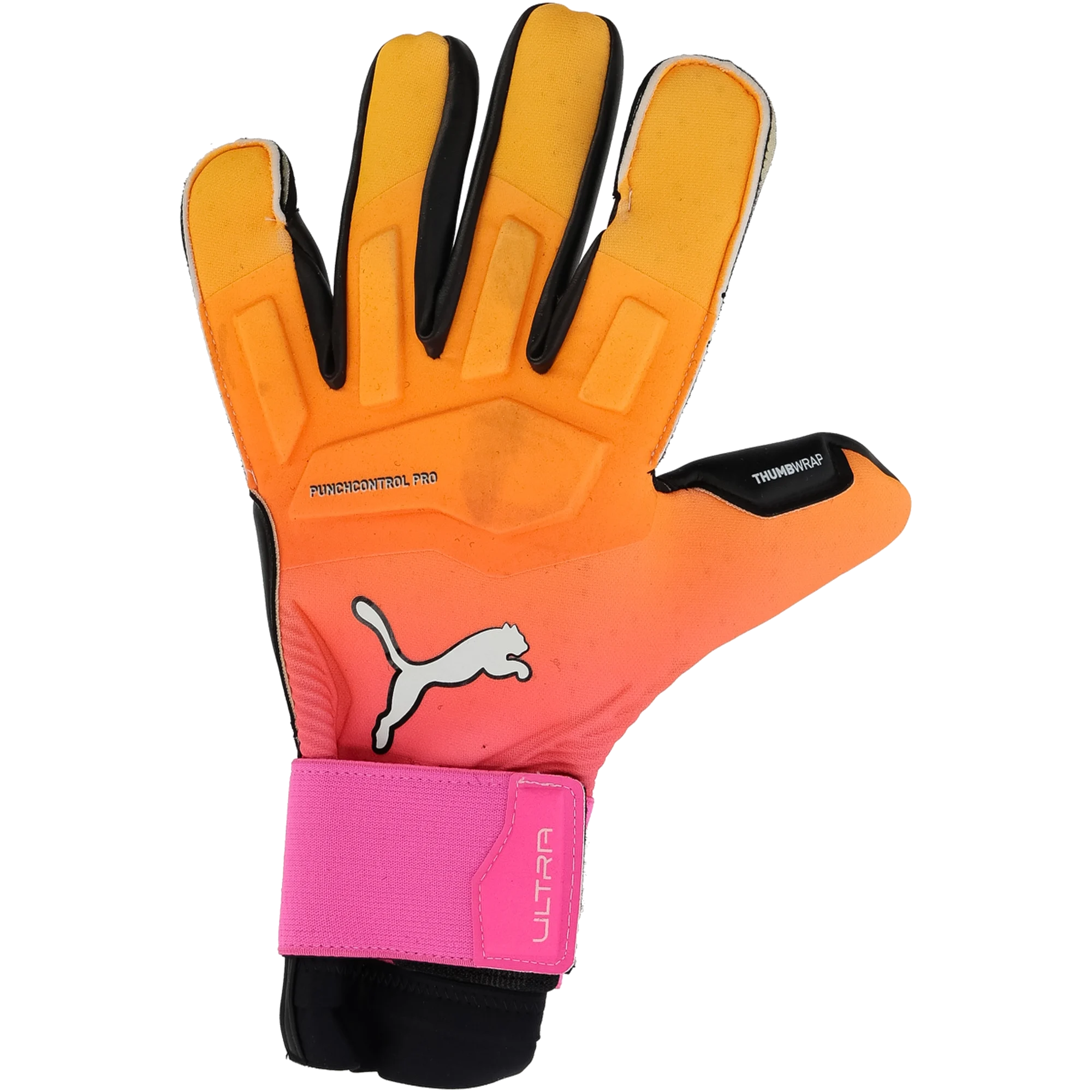 A Puma goalkeeper glove featuring an orange-to-pink gradient backhand, a pink wrist strap with "ULTRA" branding, and a white cat logo. Includes "PUNCHCONTROL PRO" and "THUMBWRAP" text.