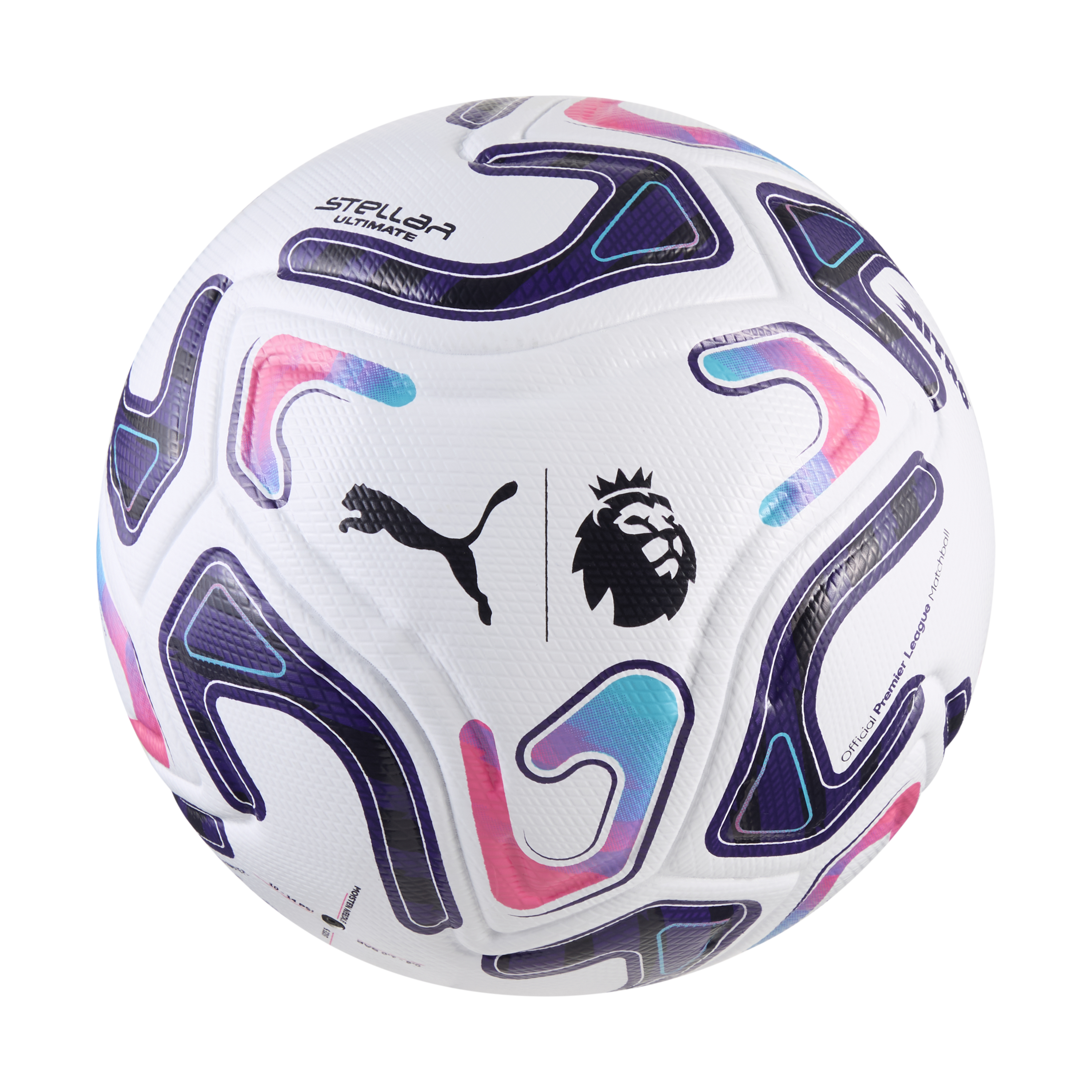 A white Puma Premier League match soccer ball featuring vibrant purple, pink, and blue geometric patterns along with the Puma and Premier League lion logos.