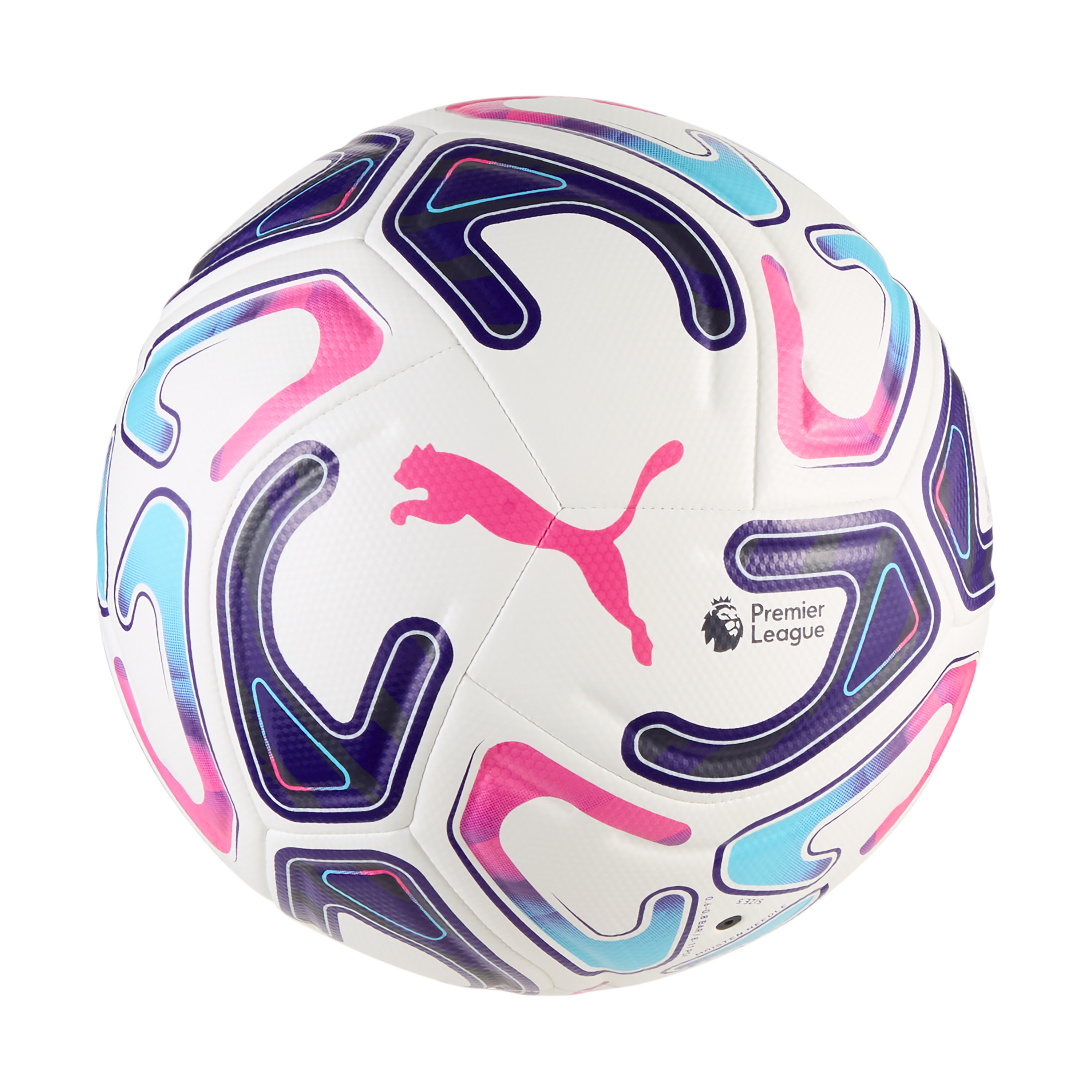 A white Puma soccer ball featuring the Premier League logo and abstract graphic patterns in shades of purple, pink, and light blue.