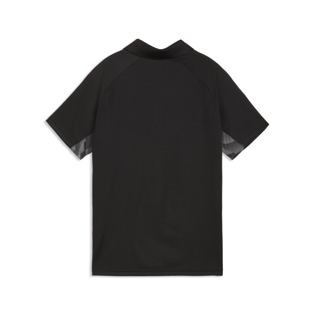 Back view of a black short-sleeved athletic polo shirt featuring raglan sleeves with a grey geometric pattern and breathable perforated fabric.
