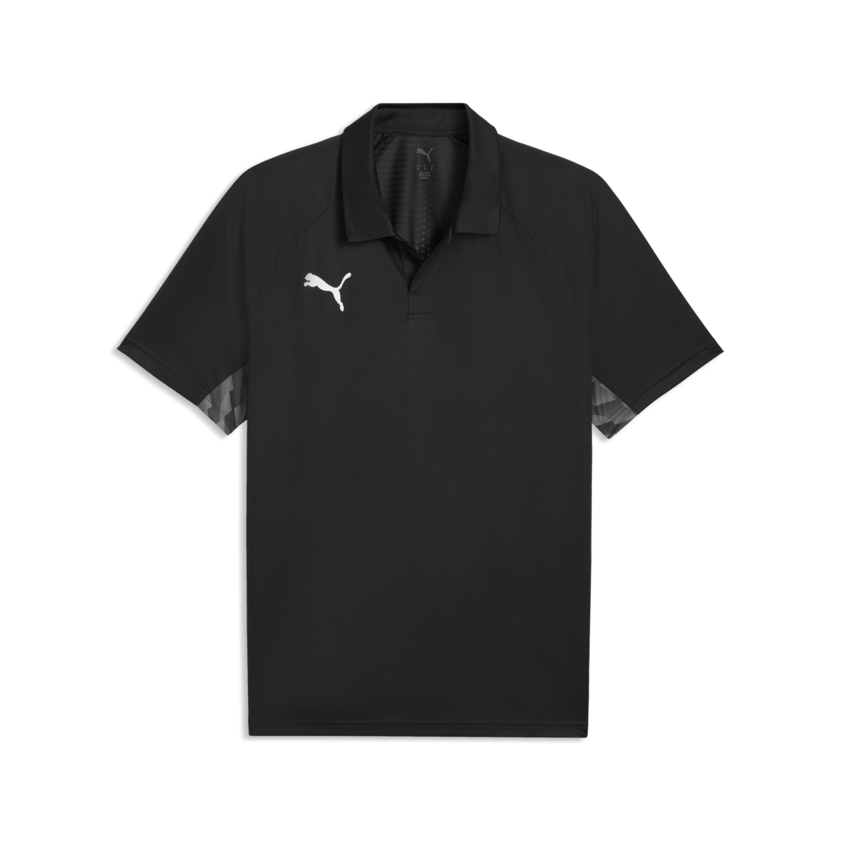 Black short-sleeved Puma polo shirt featuring a white logo on the chest and grey geometric patterns on the sleeve cuffs, set against a solid black background.