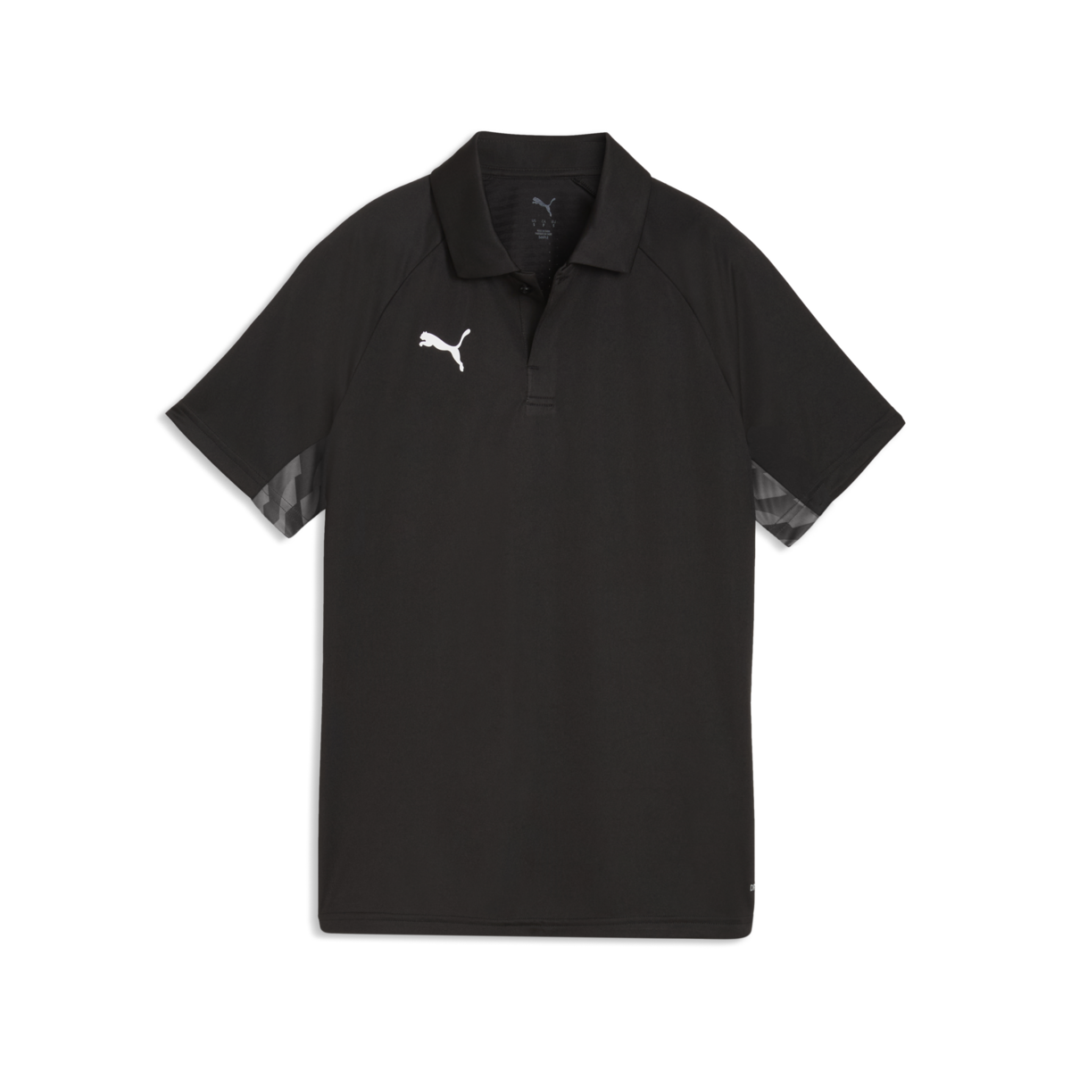Black short-sleeved Puma polo shirt with a white logo on the chest and a grey geometric pattern on the sleeve cuffs.