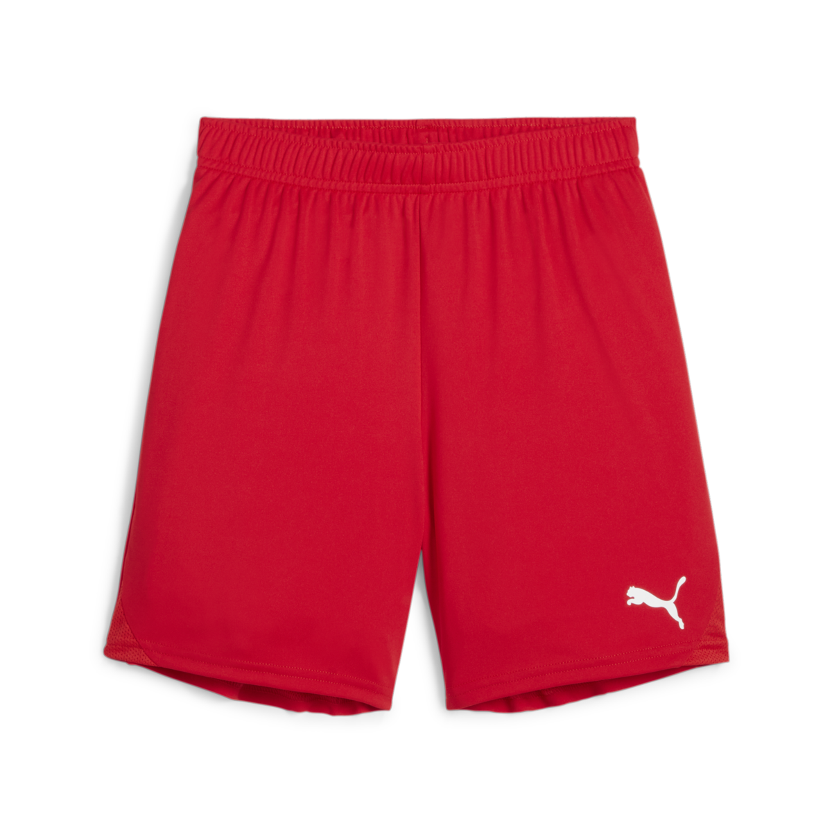 Bright red Puma athletic shorts with a white logo on the lower leg and an elastic waistband.