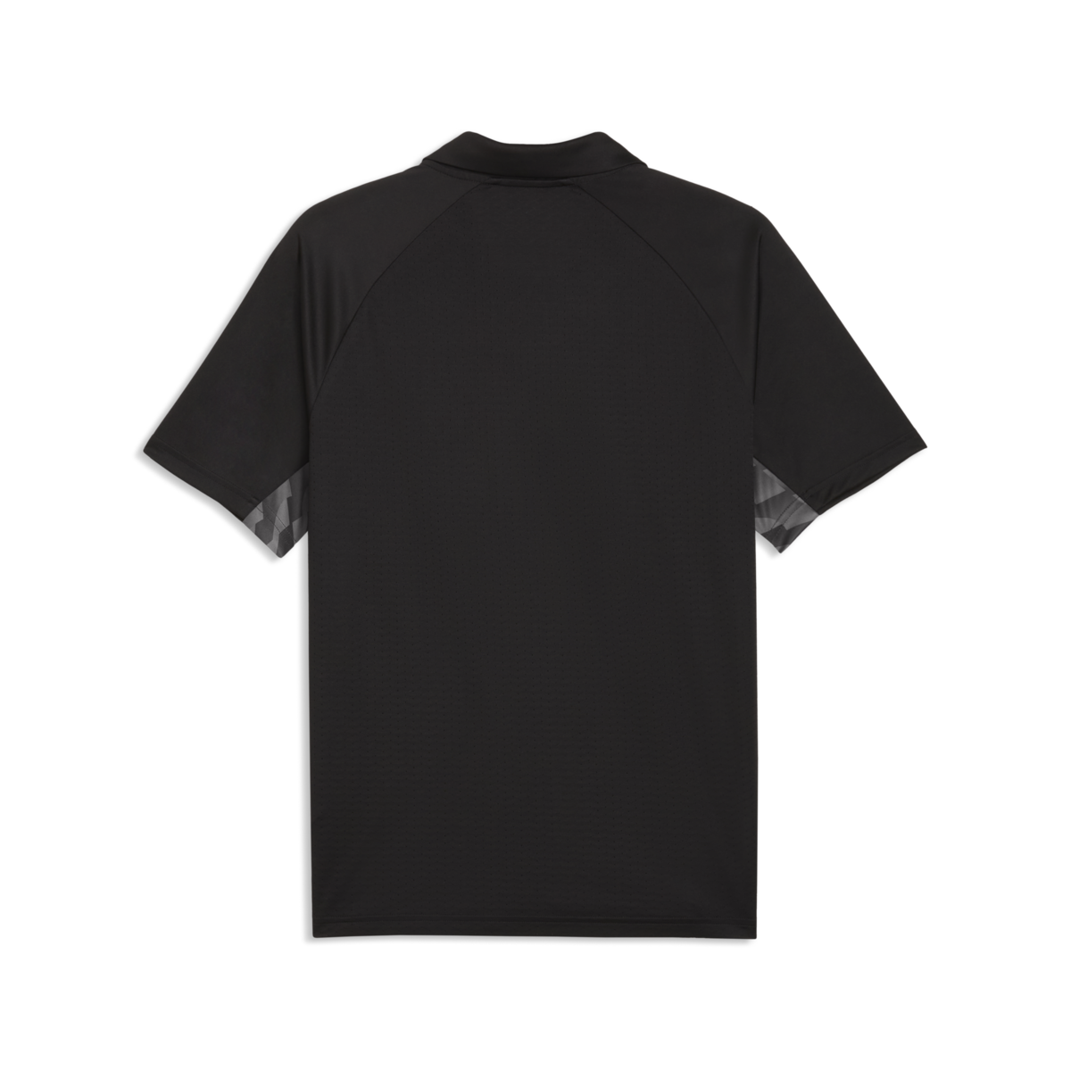 Back view of a black short-sleeved polo shirt with raglan sleeves and grey geometric patterns under the arms, set against a solid black background.