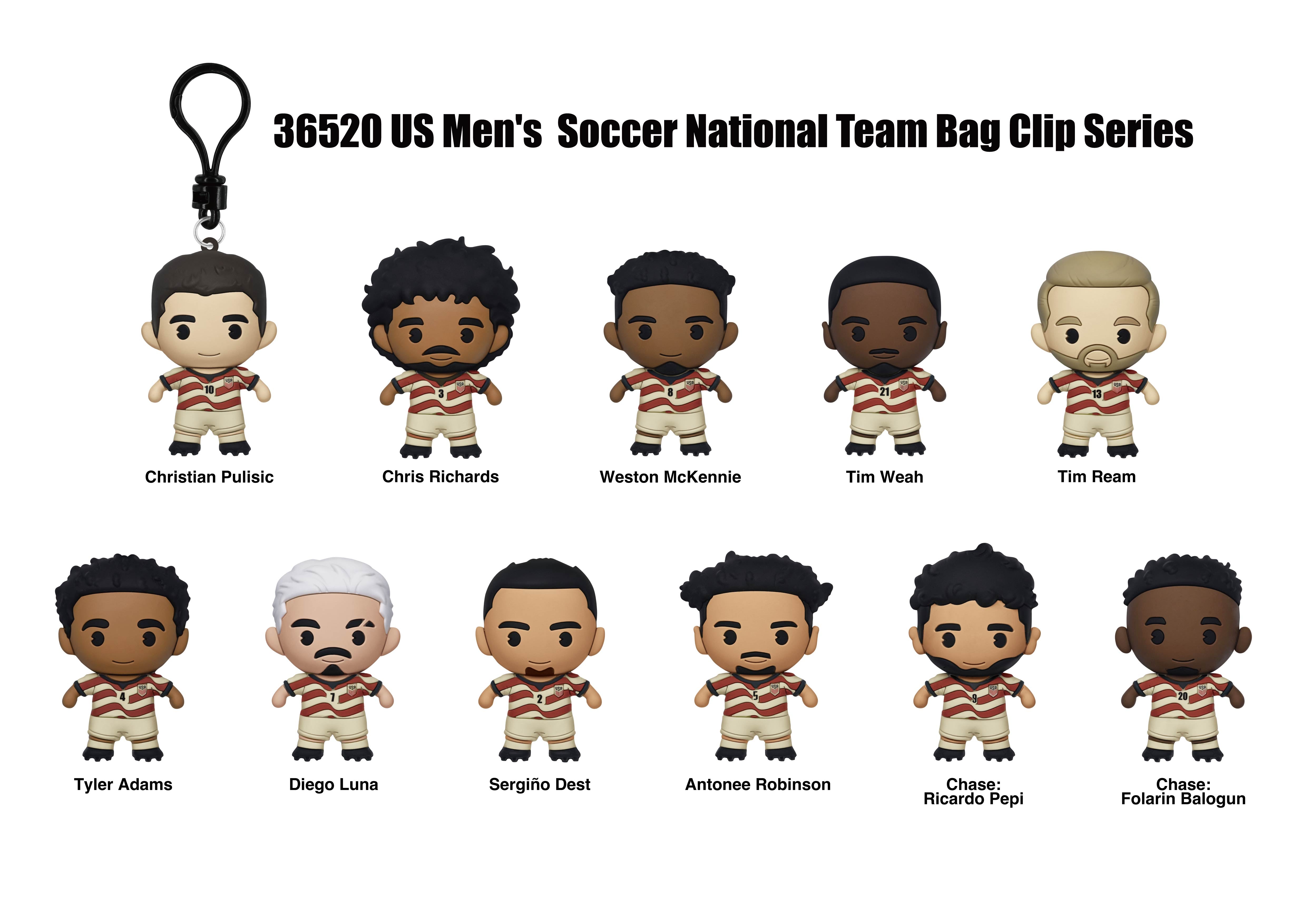 A product graphic for the "36520 US Men's Soccer National Team Bag Clip Series" features 11 stylized, cartoonish figurines of players in white and red striped uniforms.

Top row: Christian Pulisic (attached to a black clip), Chris Richards, Weston McKenni