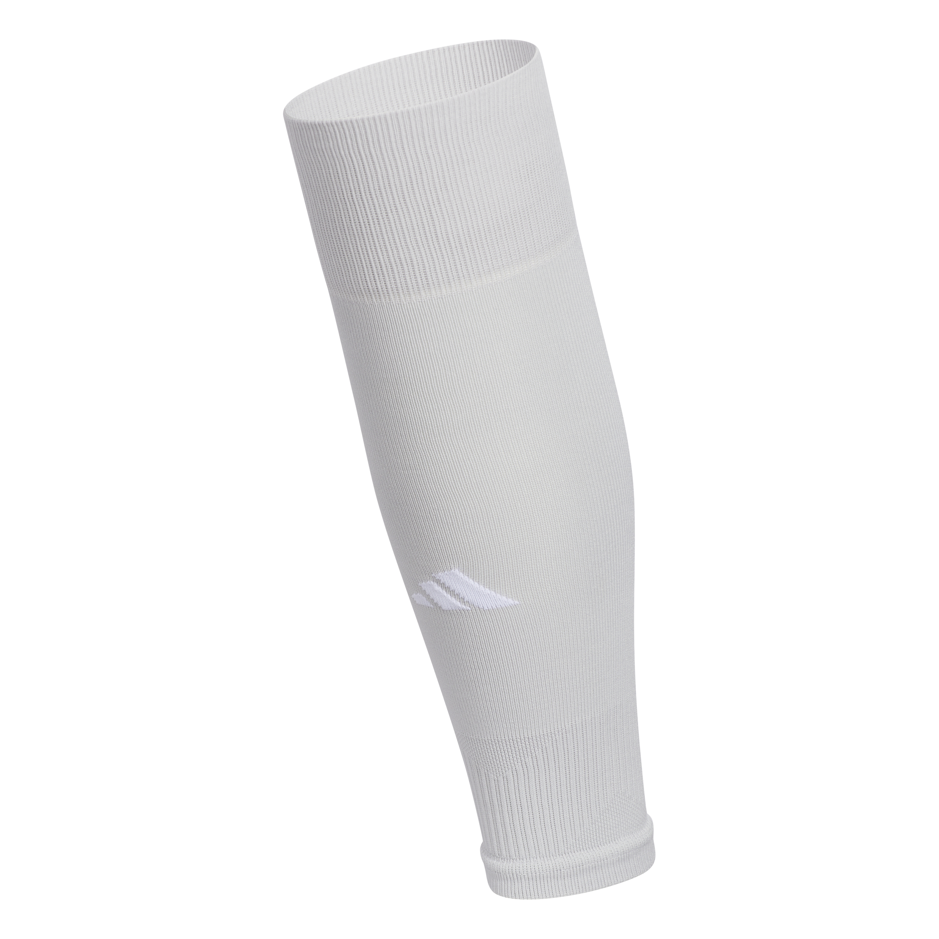 A white Adidas athletic calf sleeve featuring a ribbed knit design and a white logo near the bottom.