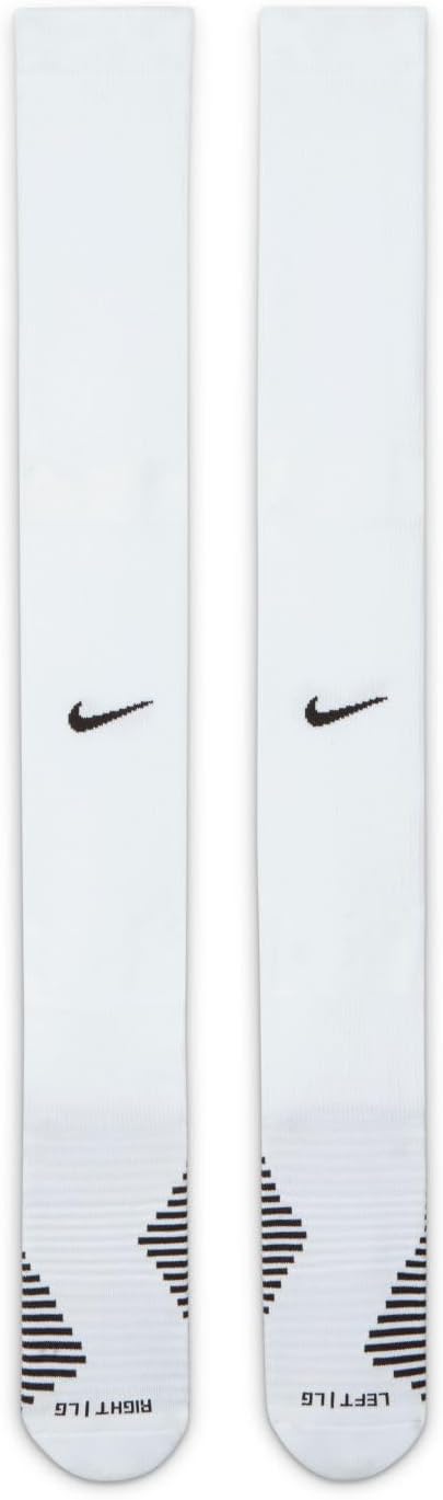 A pair of white Nike knee-high socks with black swooshes and textured stripe patterns on the feet. Labeled "RIGHT | LG" and "LEFT | LG" at the bottom.