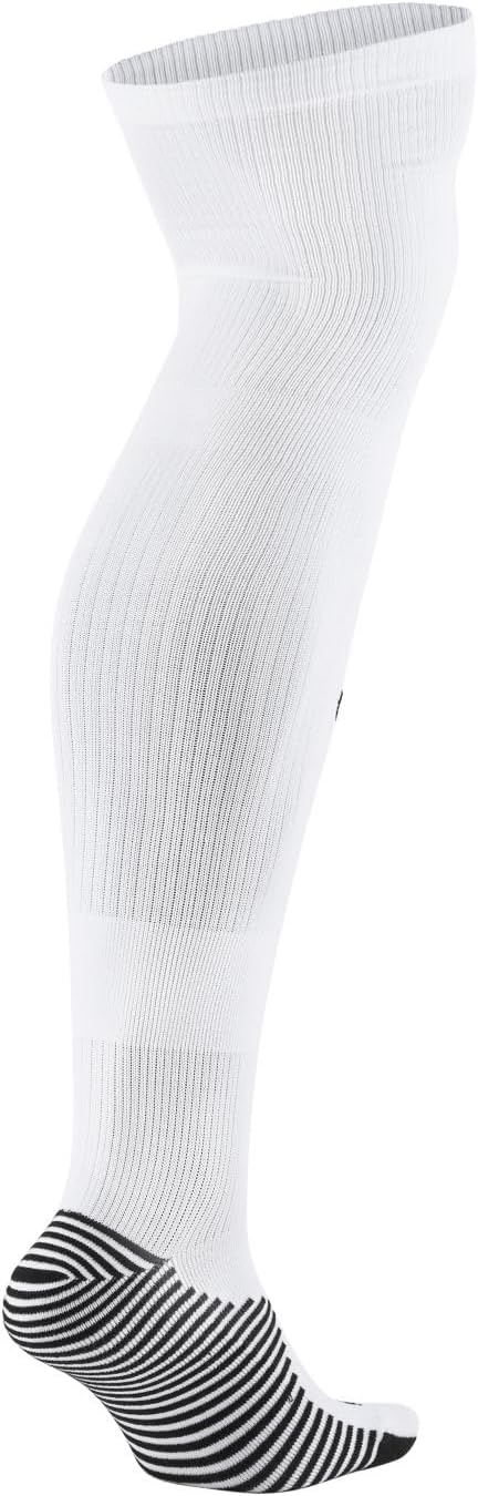 Side profile of a white knee-high athletic sock with black-and-white striped patterns on the heel and sole.