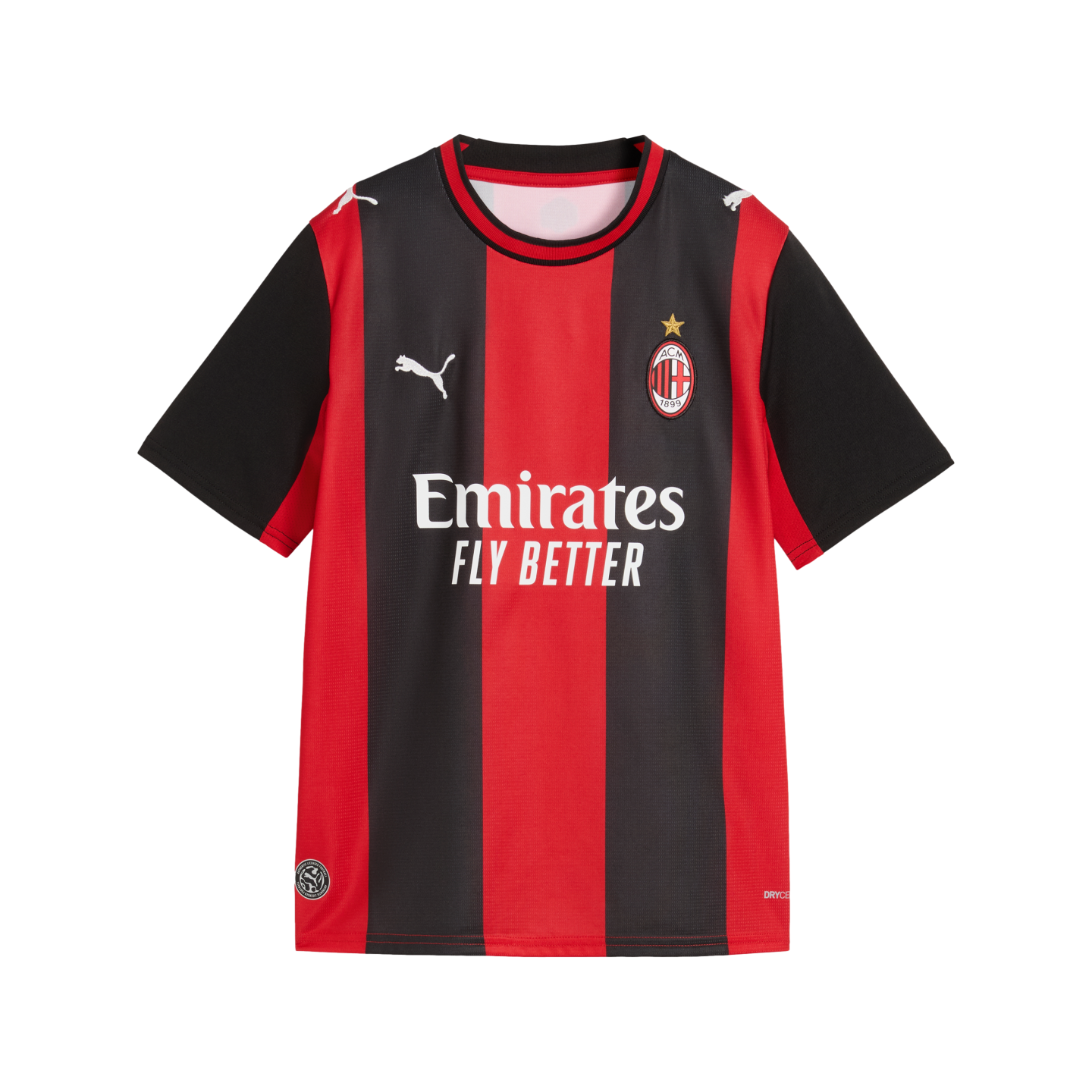 A short-sleeve AC Milan soccer jersey features vertical red and black stripes, the Puma logo, the club crest, and a white "Emirates FLY BETTER" sponsor logo across the center.