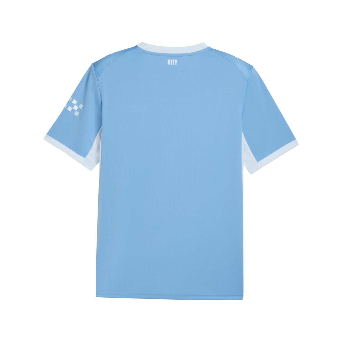 Back view of a light blue short-sleeved soccer jersey with white trim on the collar and sleeves. The word "CITY" is printed in small white letters below the neckline.