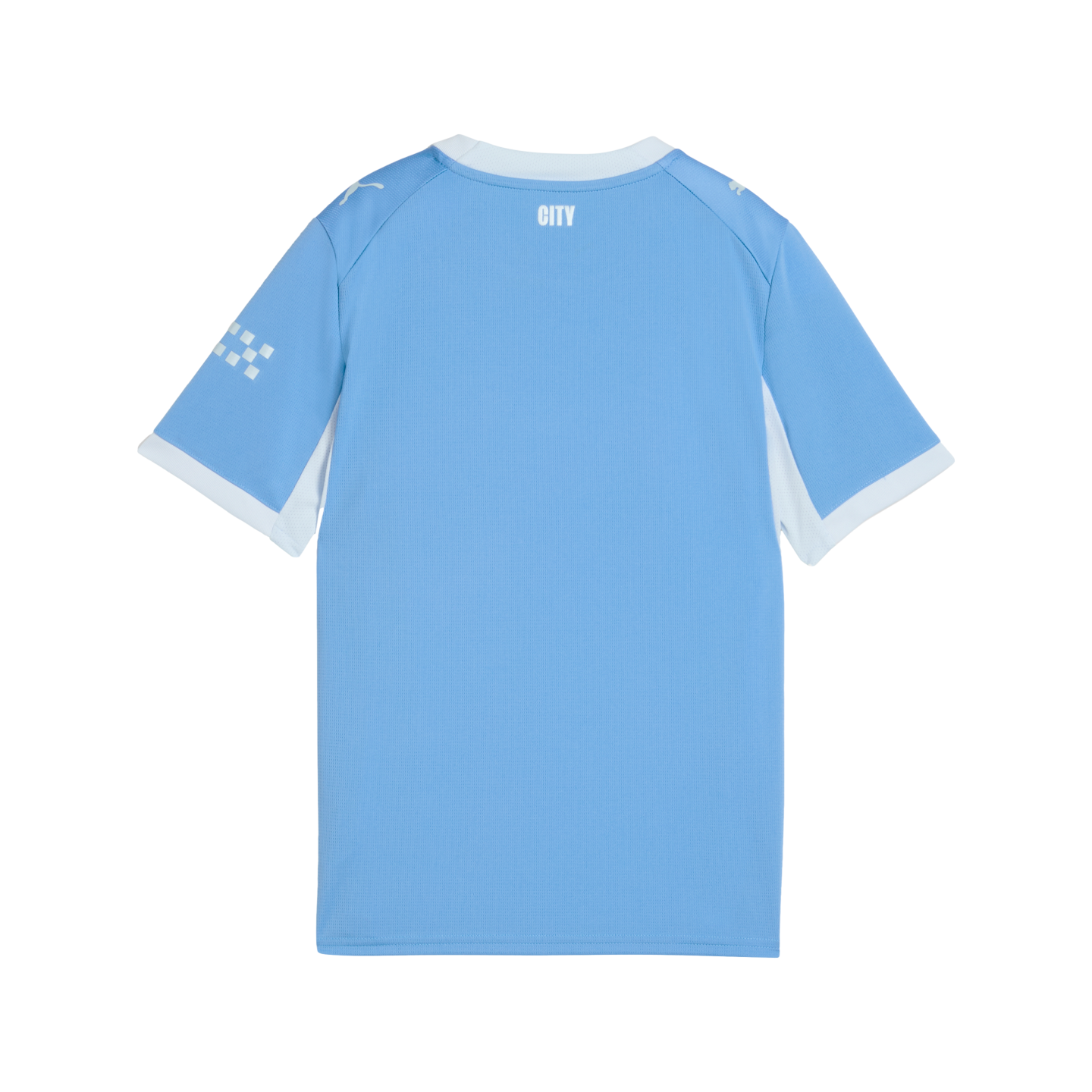 Back view of a light blue short-sleeved football jersey with white trim, "CITY" printed on the back neck, and Puma logos on the shoulders.