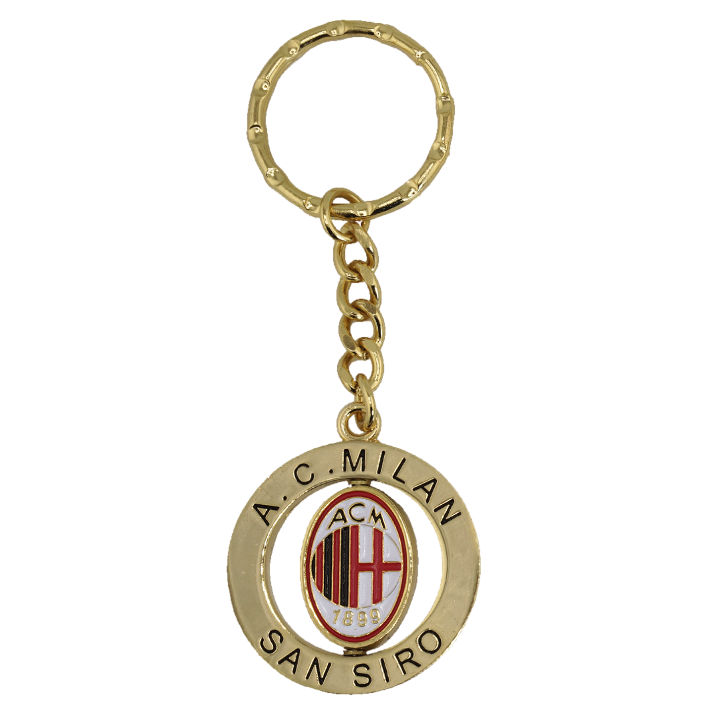 Gold-colored keychain featuring a spinning oval A.C. Milan club crest inside a circular frame engraved with "A.C. MILAN" and "SAN SIRO".