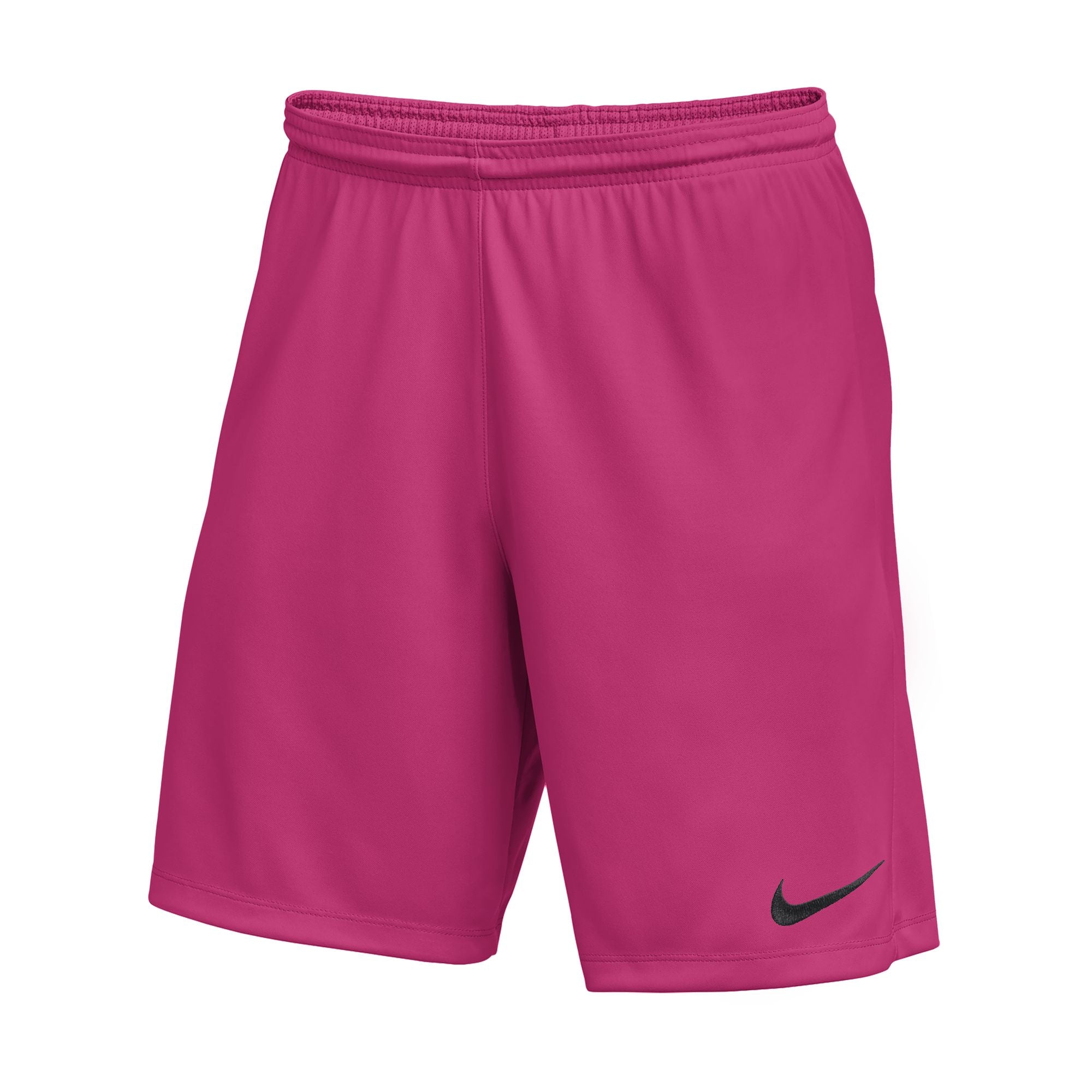 Bright pink Nike athletic shorts featuring an elastic waistband and a black Nike swoosh logo on the lower left leg.