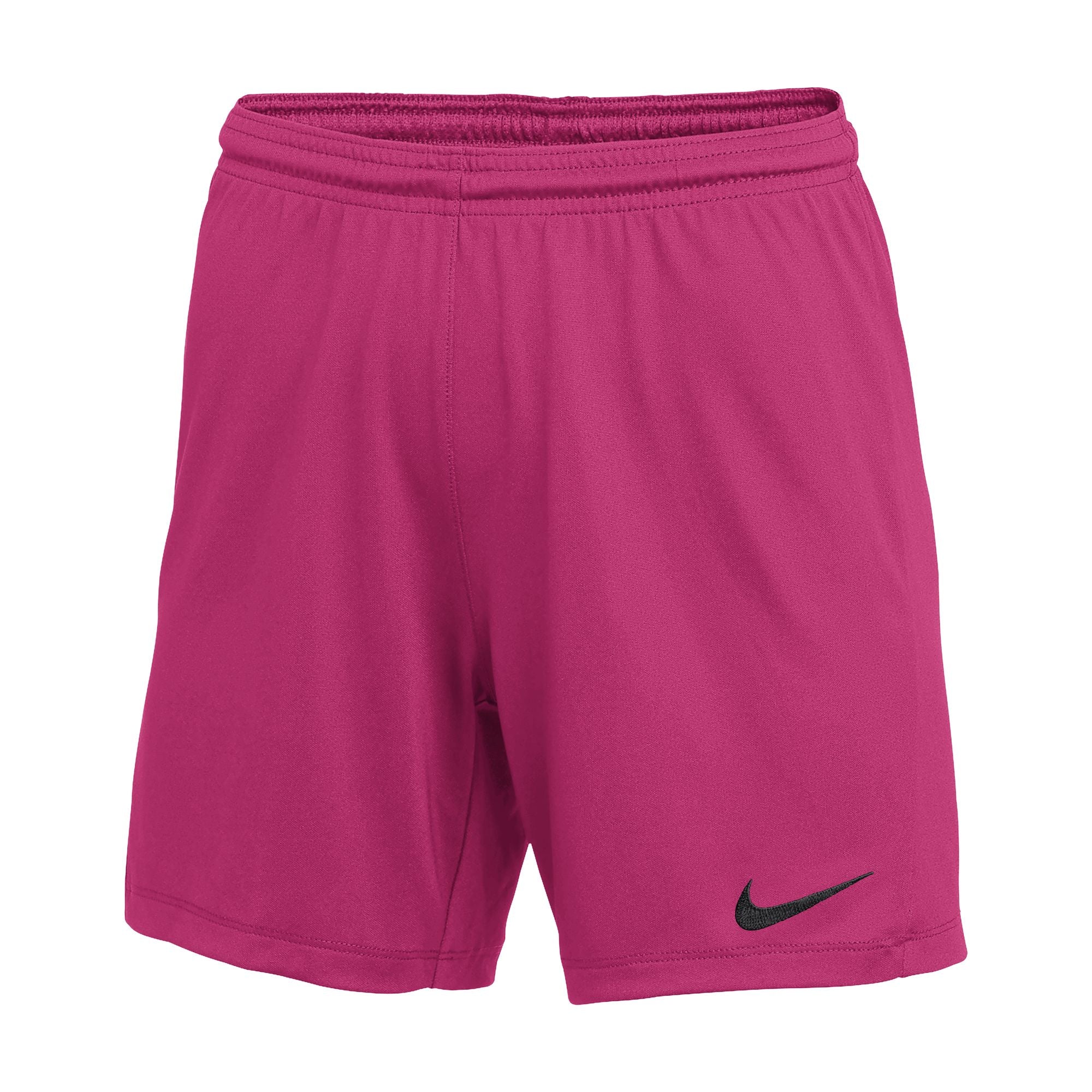 Bright pink Nike athletic shorts with a black swoosh logo on the bottom left leg.