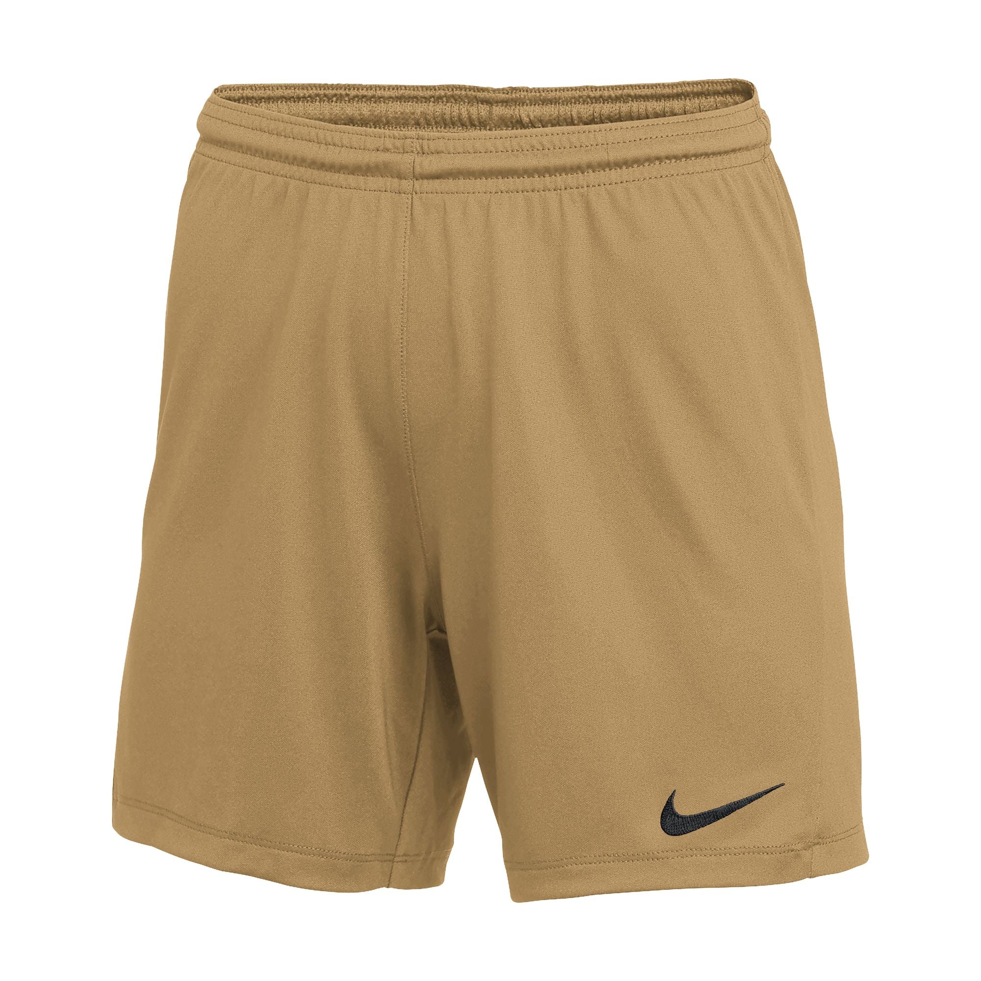A pair of gold athletic shorts with an elastic waistband and a black Nike swoosh logo on the lower left leg.