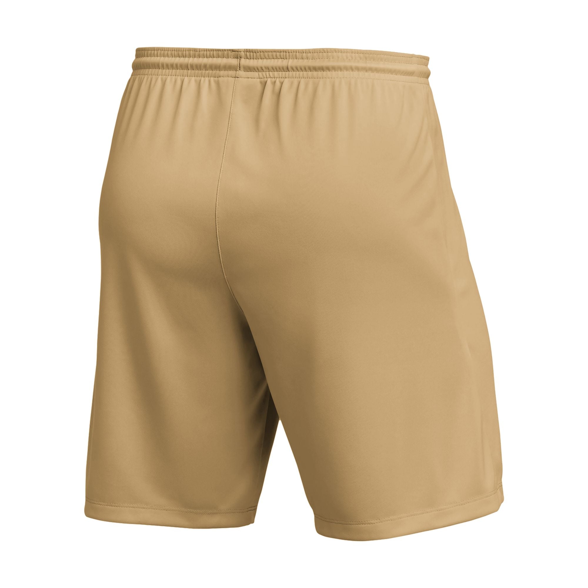 Rear view of tan-colored athletic shorts with an elastic waistband and mid-thigh length, shown against a white background.