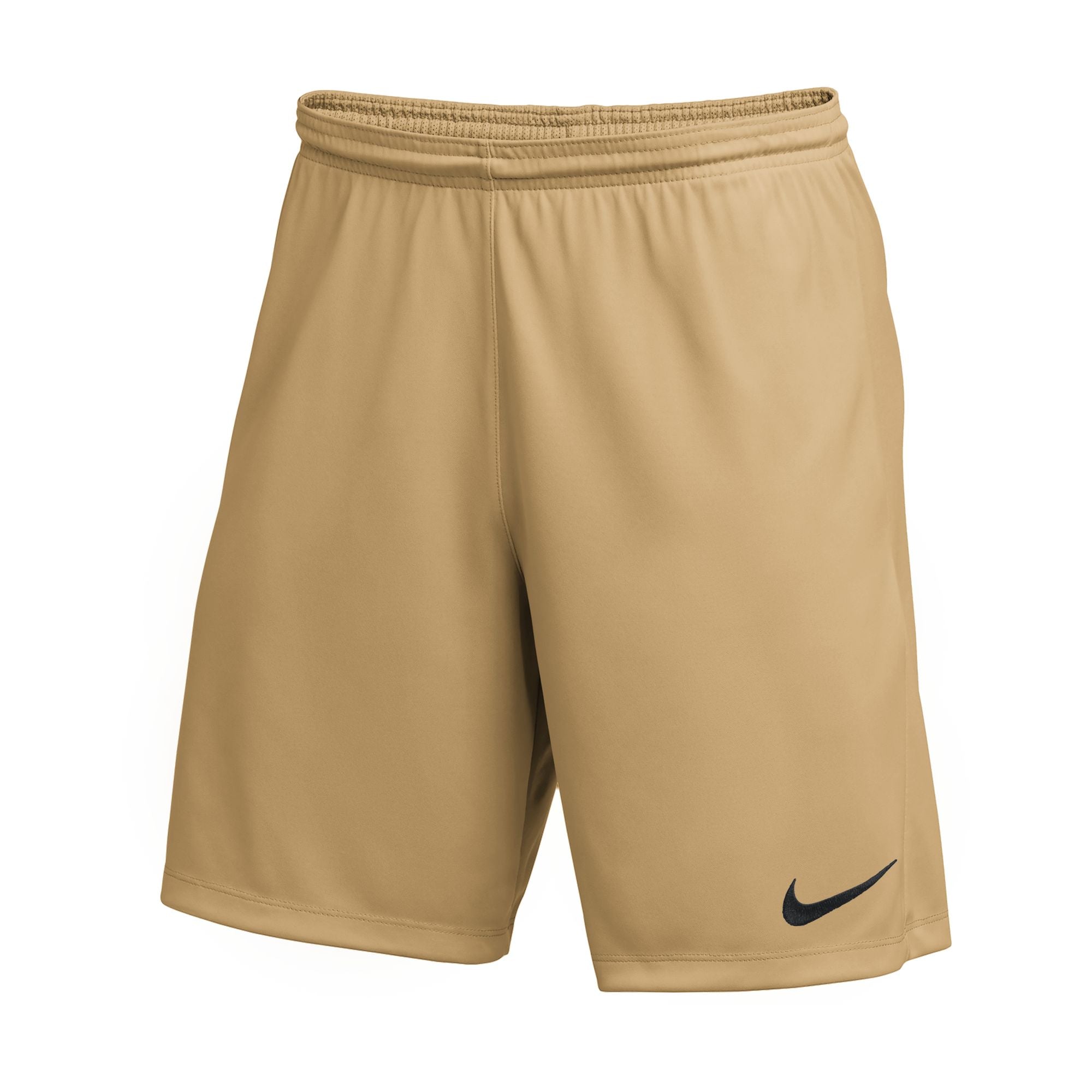 A pair of tan Nike athletic shorts with an elastic waistband and a black swoosh logo on the bottom of the left leg.