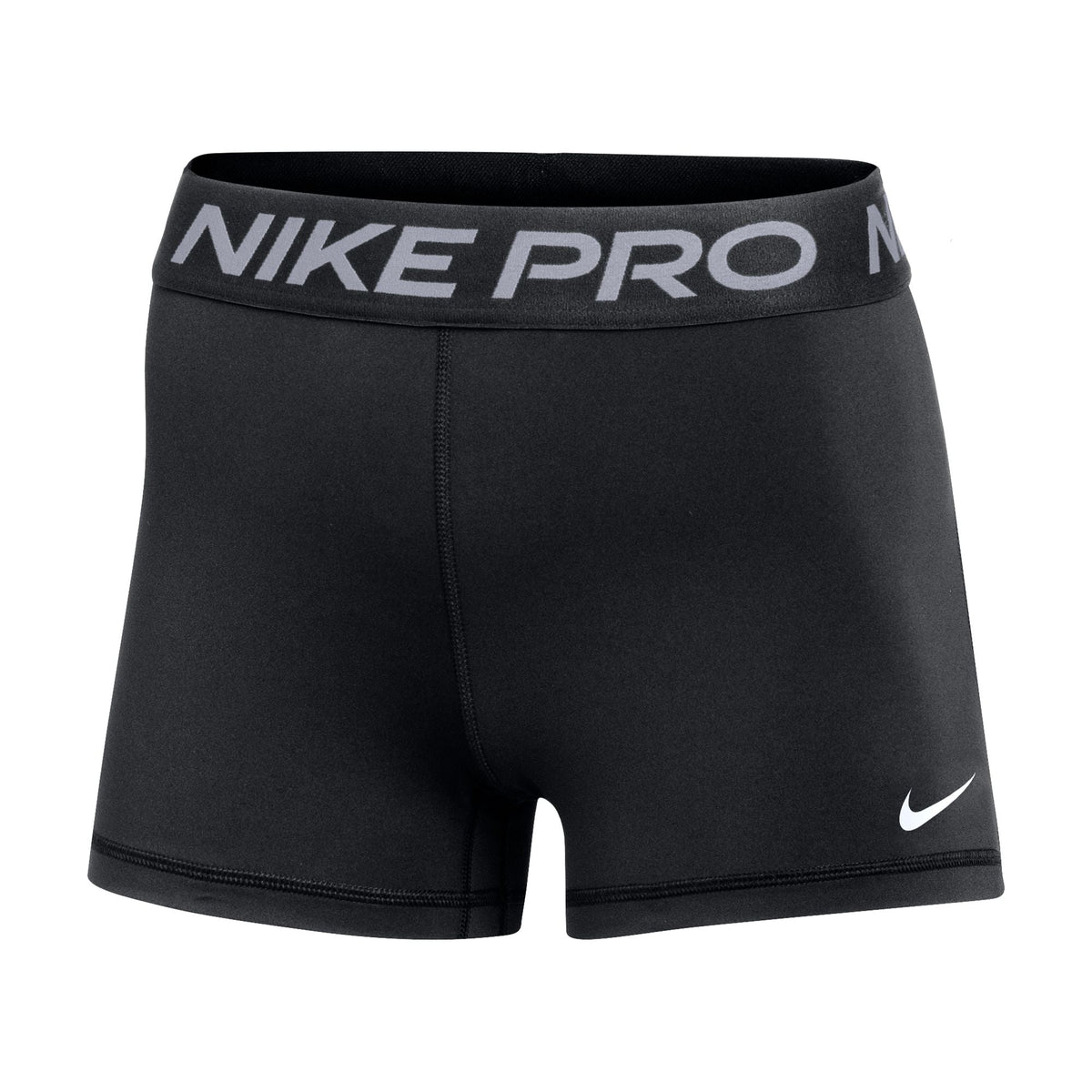 Black Nike Pro athletic compression shorts with a thick waistband reading "NIKE PRO" in grey and a small white swoosh logo on the lower right leg.