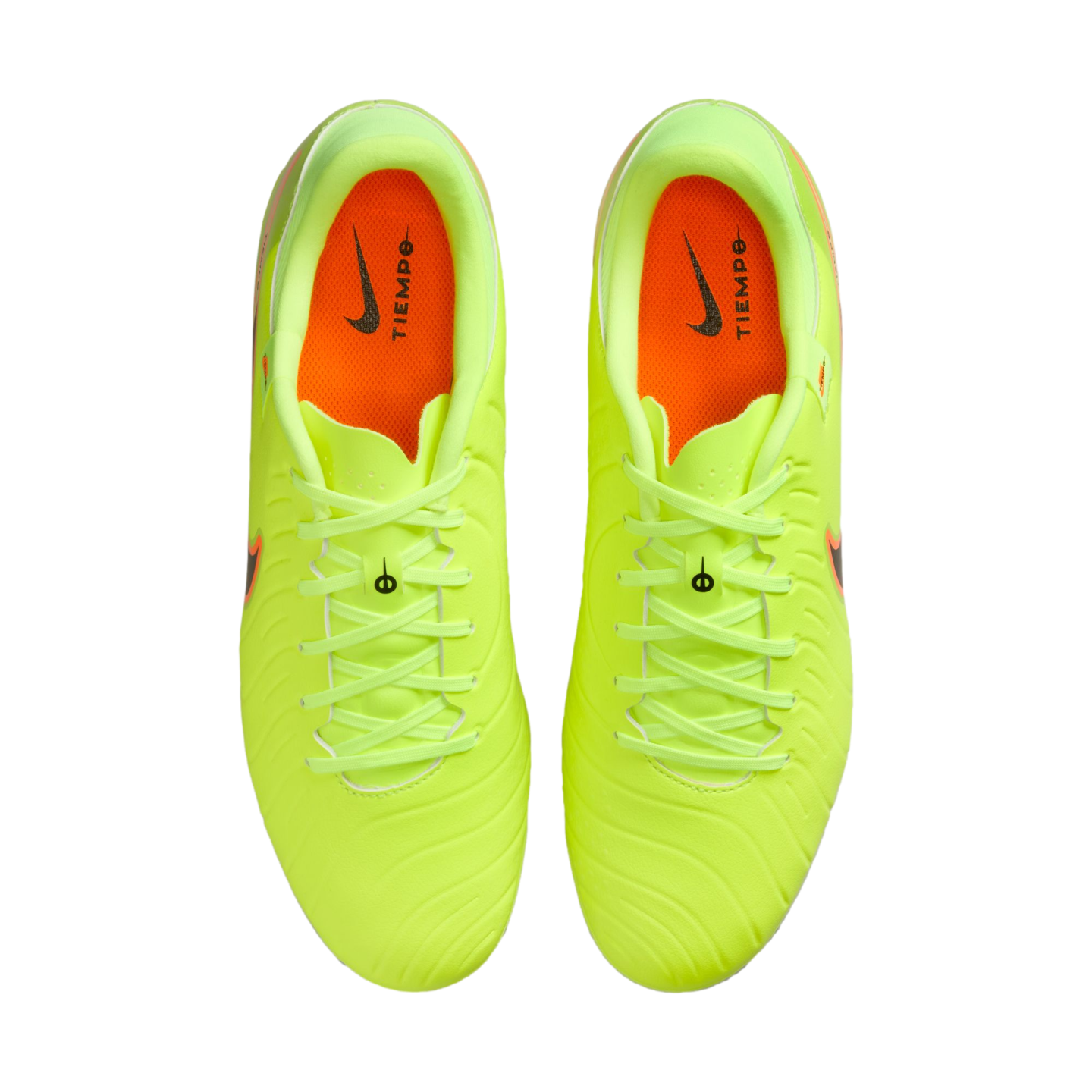 Top-down view of neon yellow Nike Tiempo soccer cleats with orange insoles and matching laces against a black background.