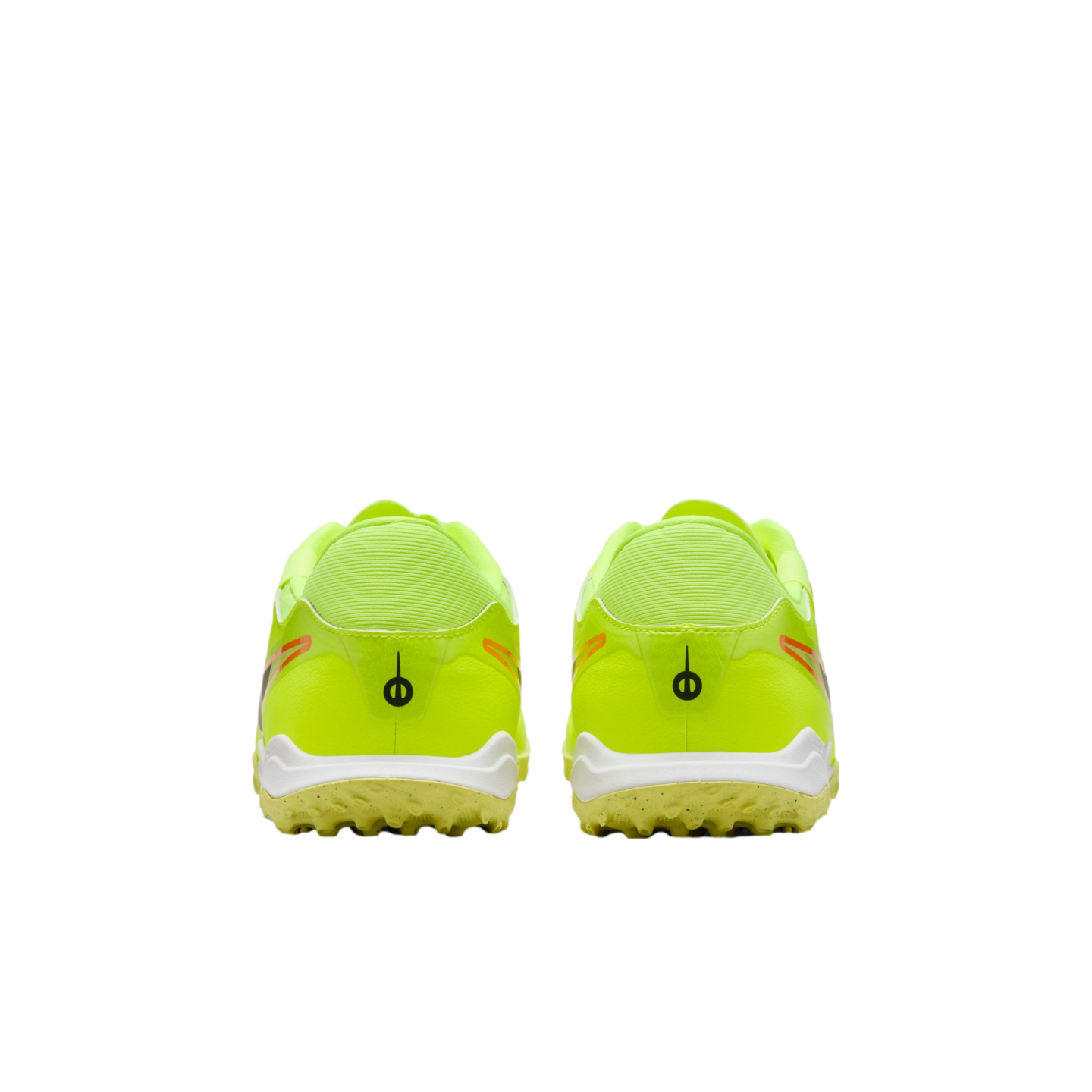Back view of neon yellow athletic shoes with white soles and a small black circular logo on the heels, set against a black background.