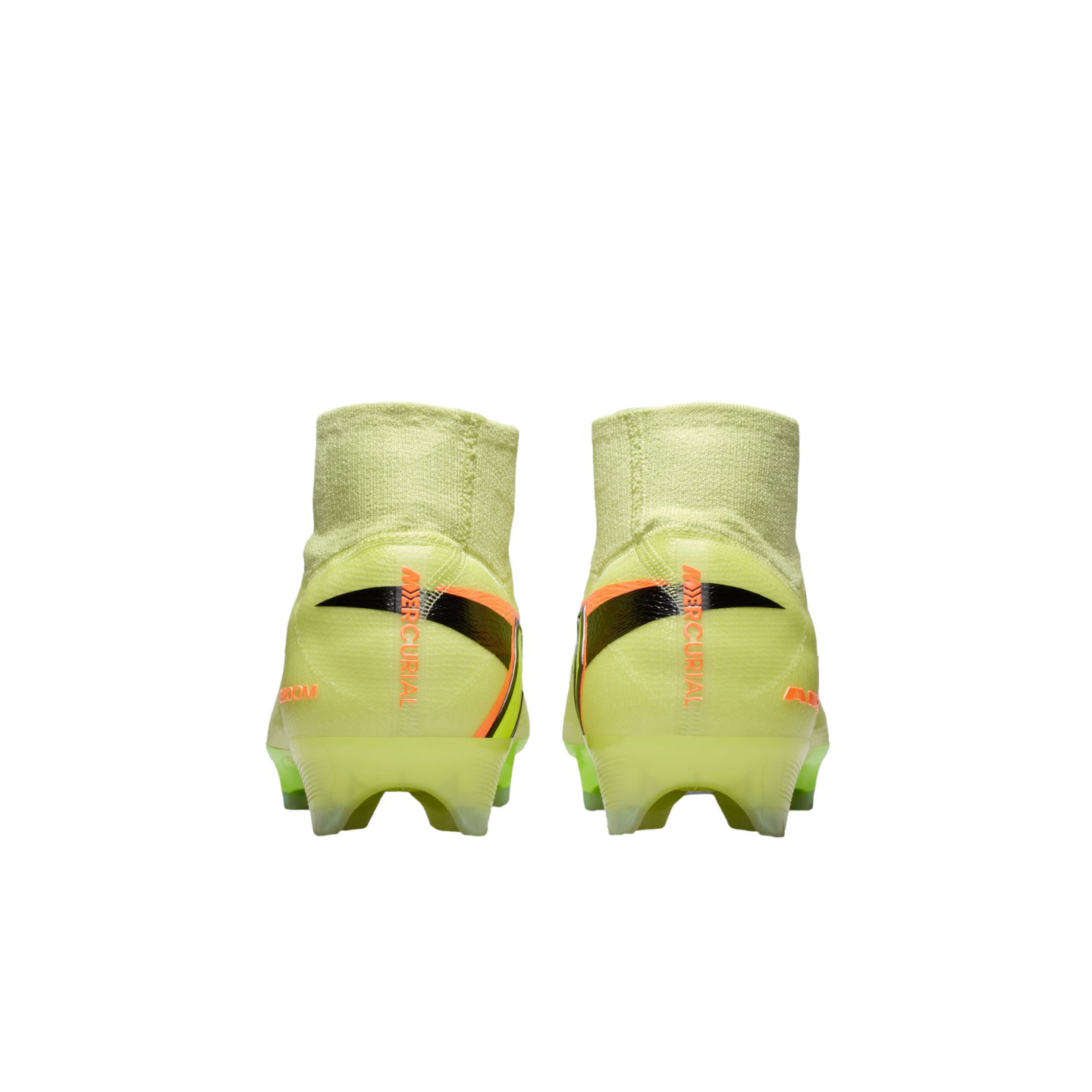 Rear view of bright yellow Nike Mercurial soccer cleats with black and orange accents and high-top collars against a black background.