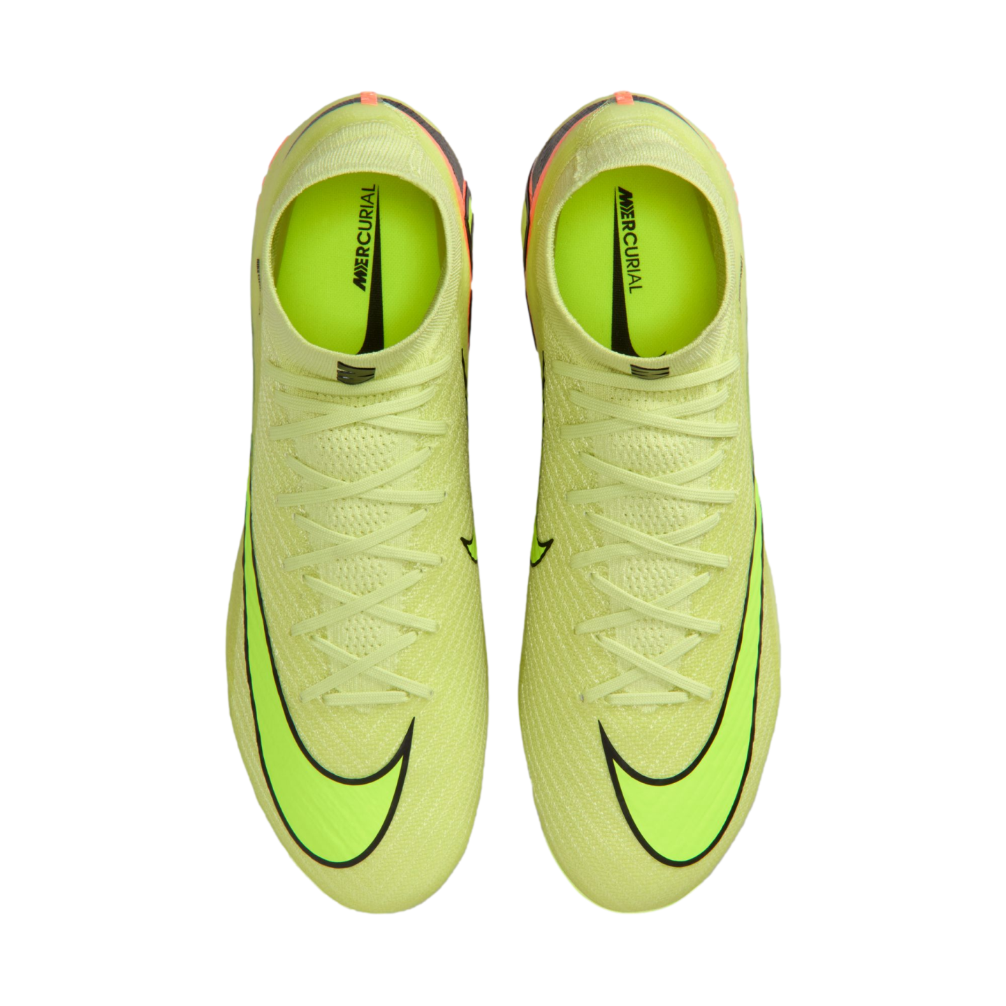 Top-down view of two neon green Nike Mercurial soccer cleats with high-top collars and black swooshes on a black background.
