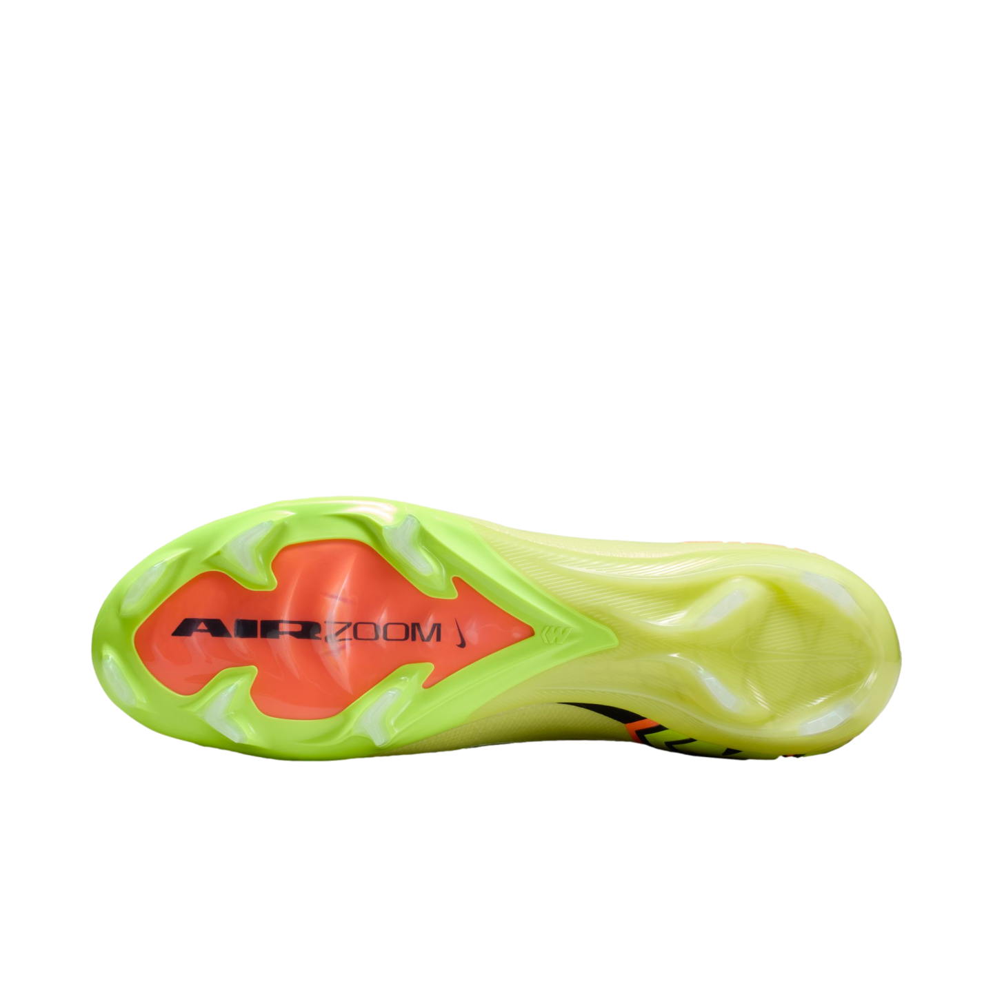 Bottom view of a lime green Nike soccer boot showing the orange forefoot plate with black "AIR ZOOM" text and translucent green studs.