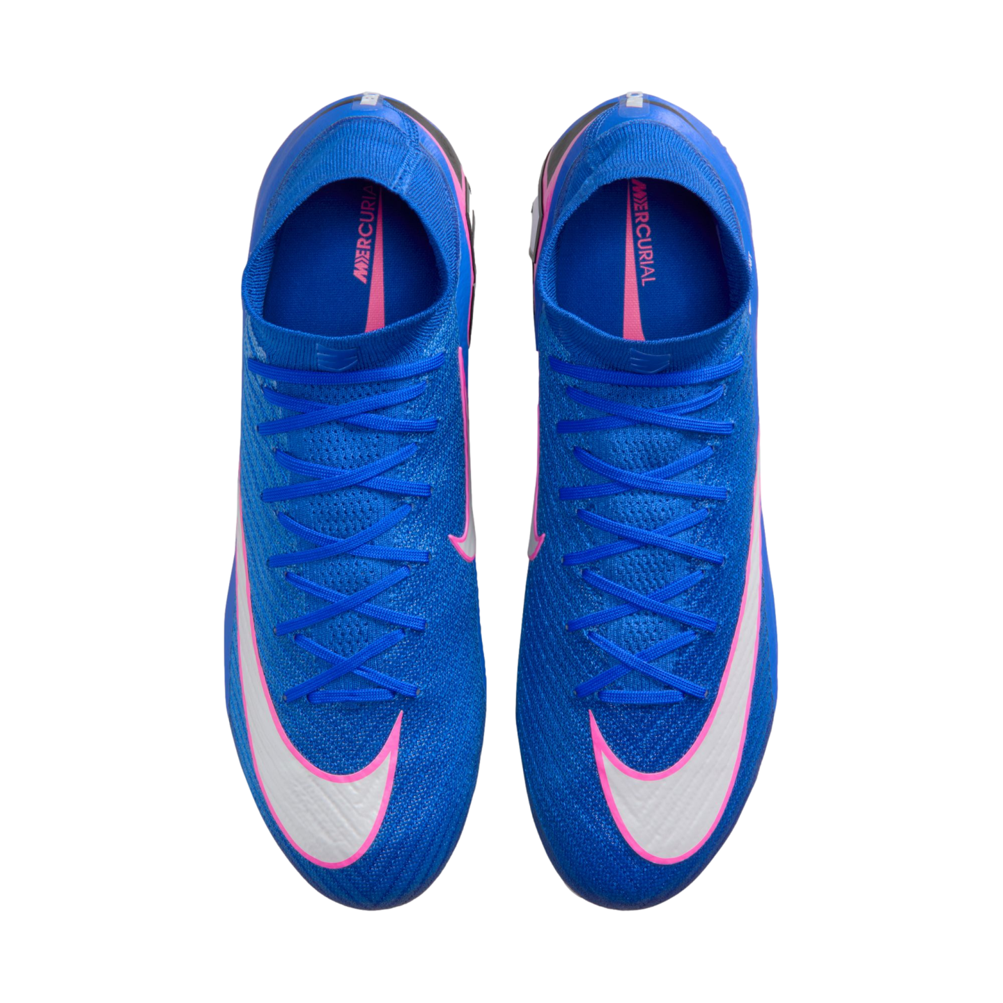 Top-down view of bright blue Nike Mercurial soccer cleats featuring white swooshes outlined in pink. The shoes have matching blue laces and are isolated against a black background.