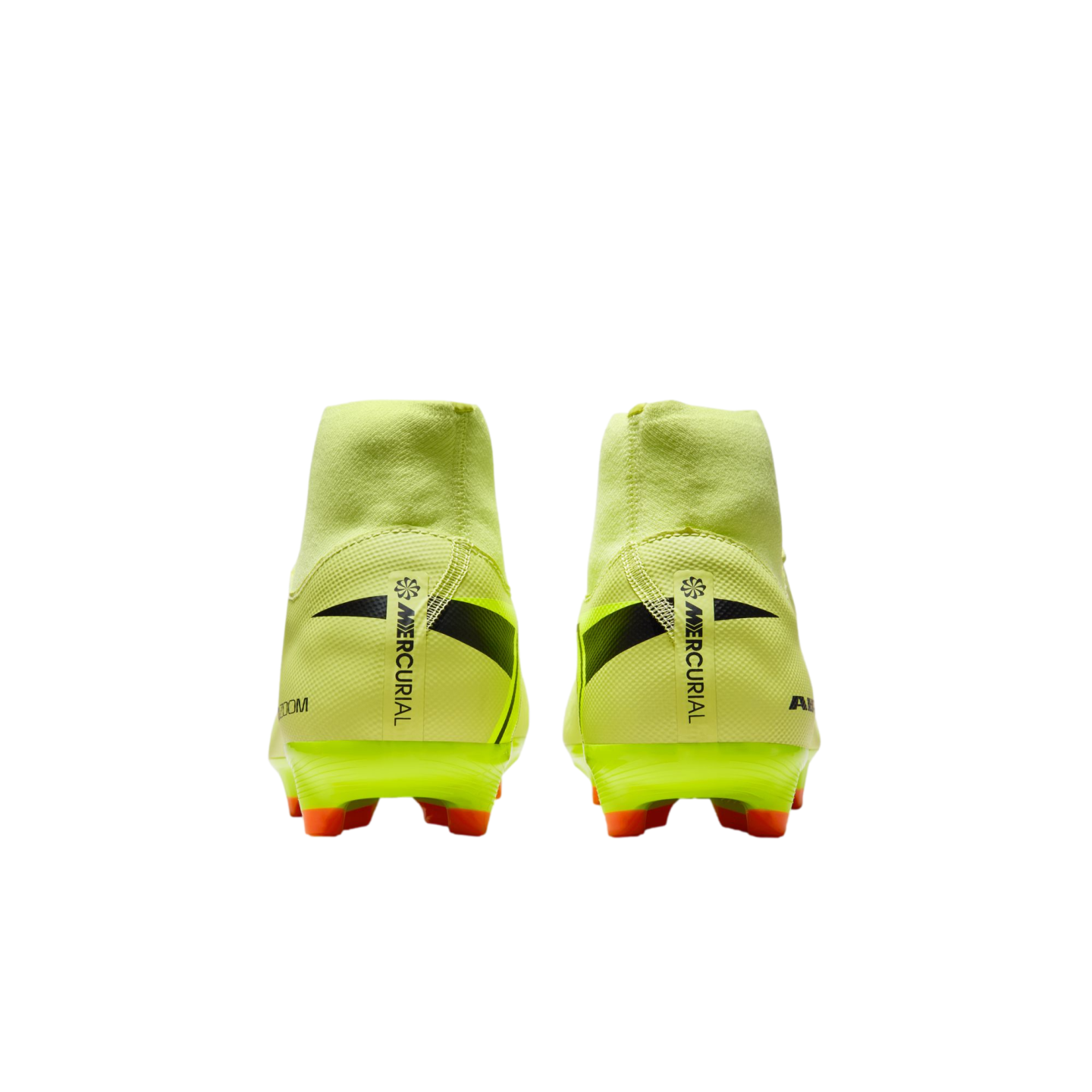 Rear view of neon yellow Nike Mercurial high-top soccer cleats with orange studs, displayed against a solid black background.