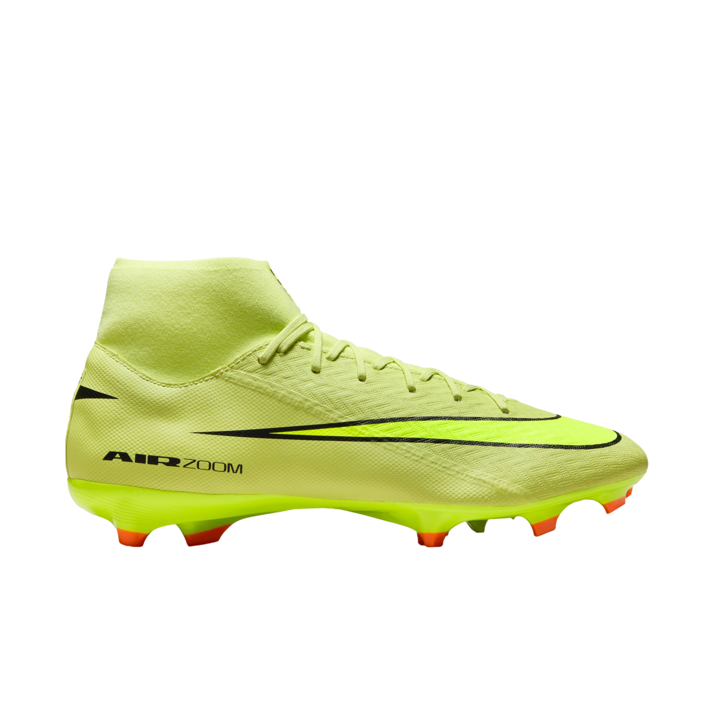 A lime green high-top Nike soccer cleat with a black swoosh logo and orange studs, set against a solid black background.