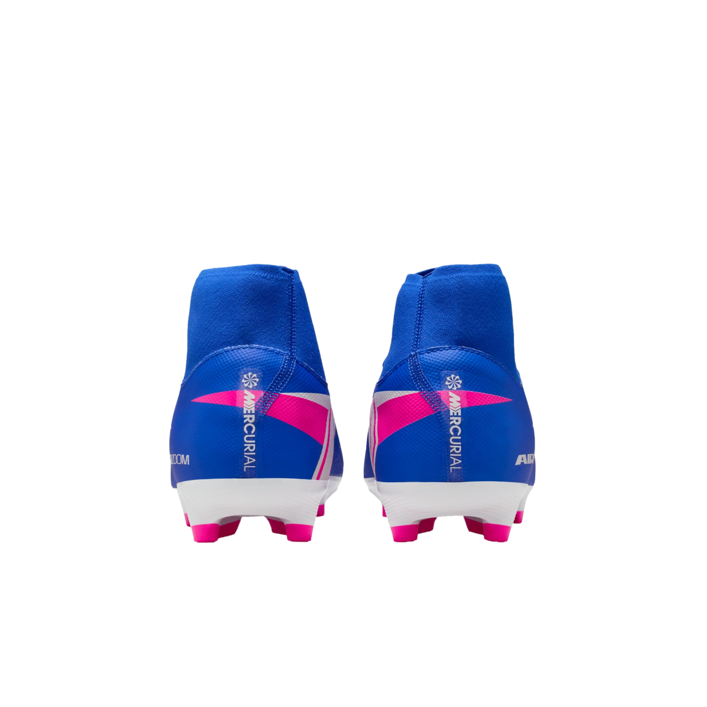 Rear view of blue Nike Mercurial soccer cleats with pink accents and a high-top collar against a black background.