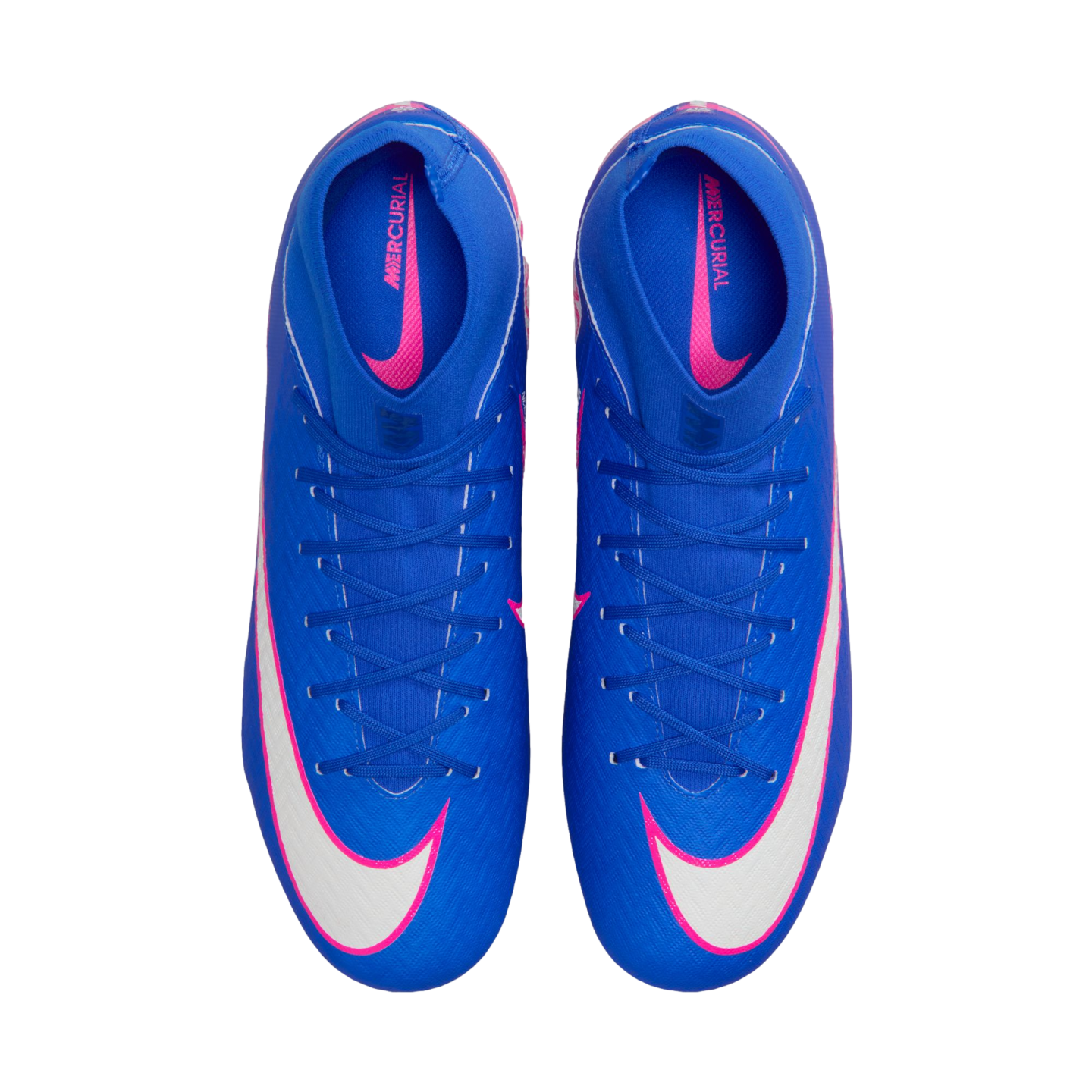 Top-down view of a pair of blue Nike Mercurial soccer cleats with large white swooshes outlined in pink, blue laces, and pink interior accents.