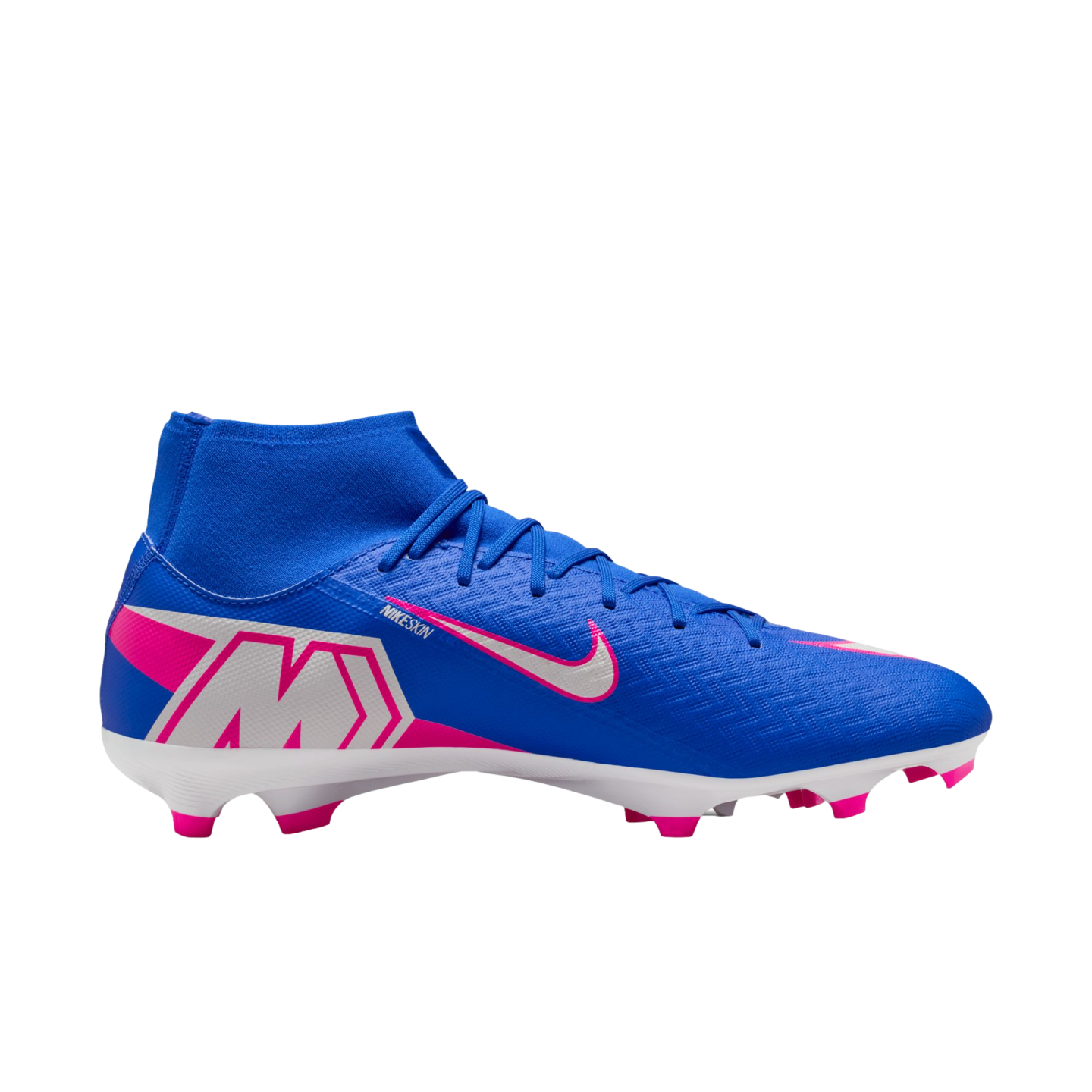 Blue Nike soccer cleat featuring a high-top ankle collar, pink and white accents, and pink studs on a white sole.