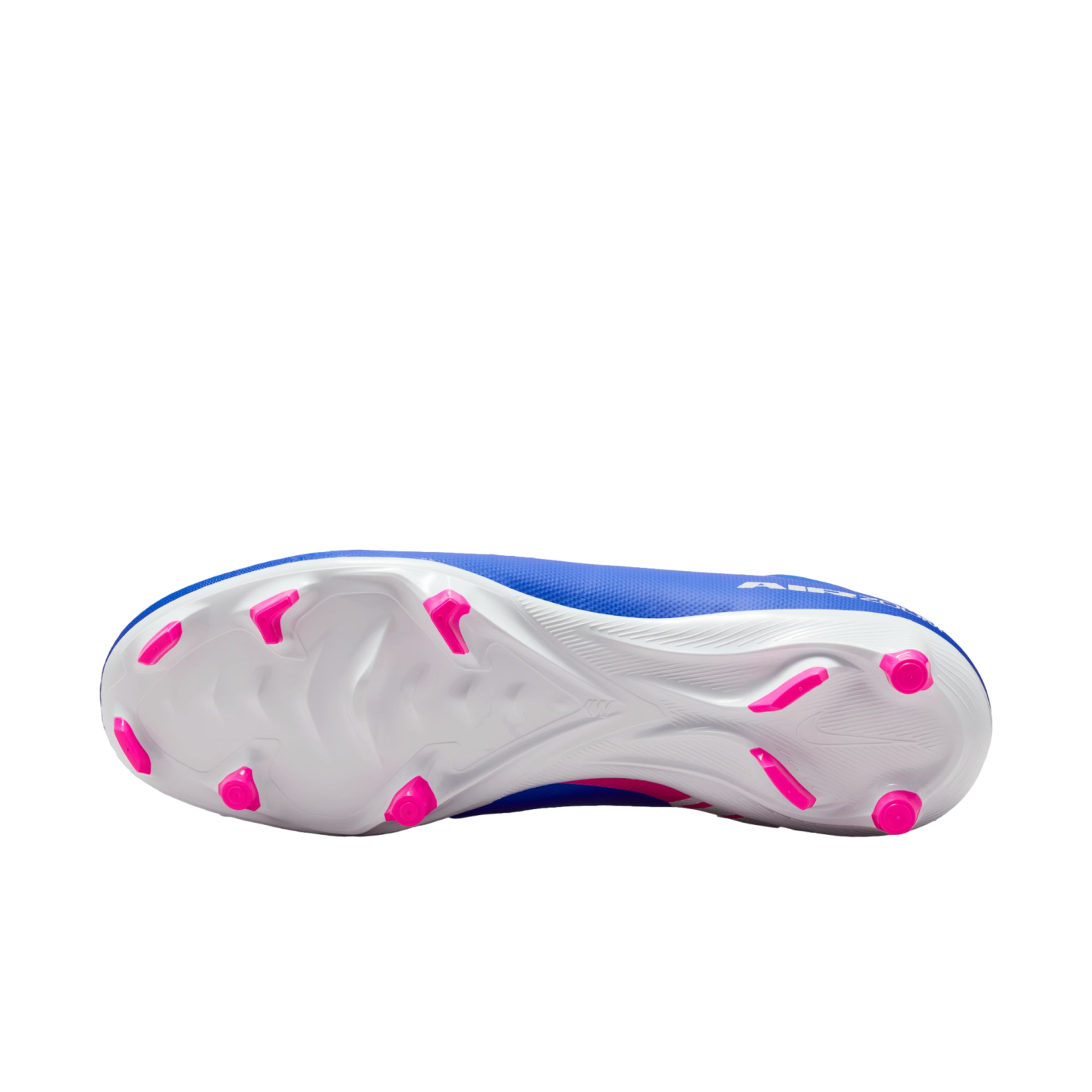 Sole view of a blue and white soccer cleat featuring a white soleplate with bright pink studs on a black background.