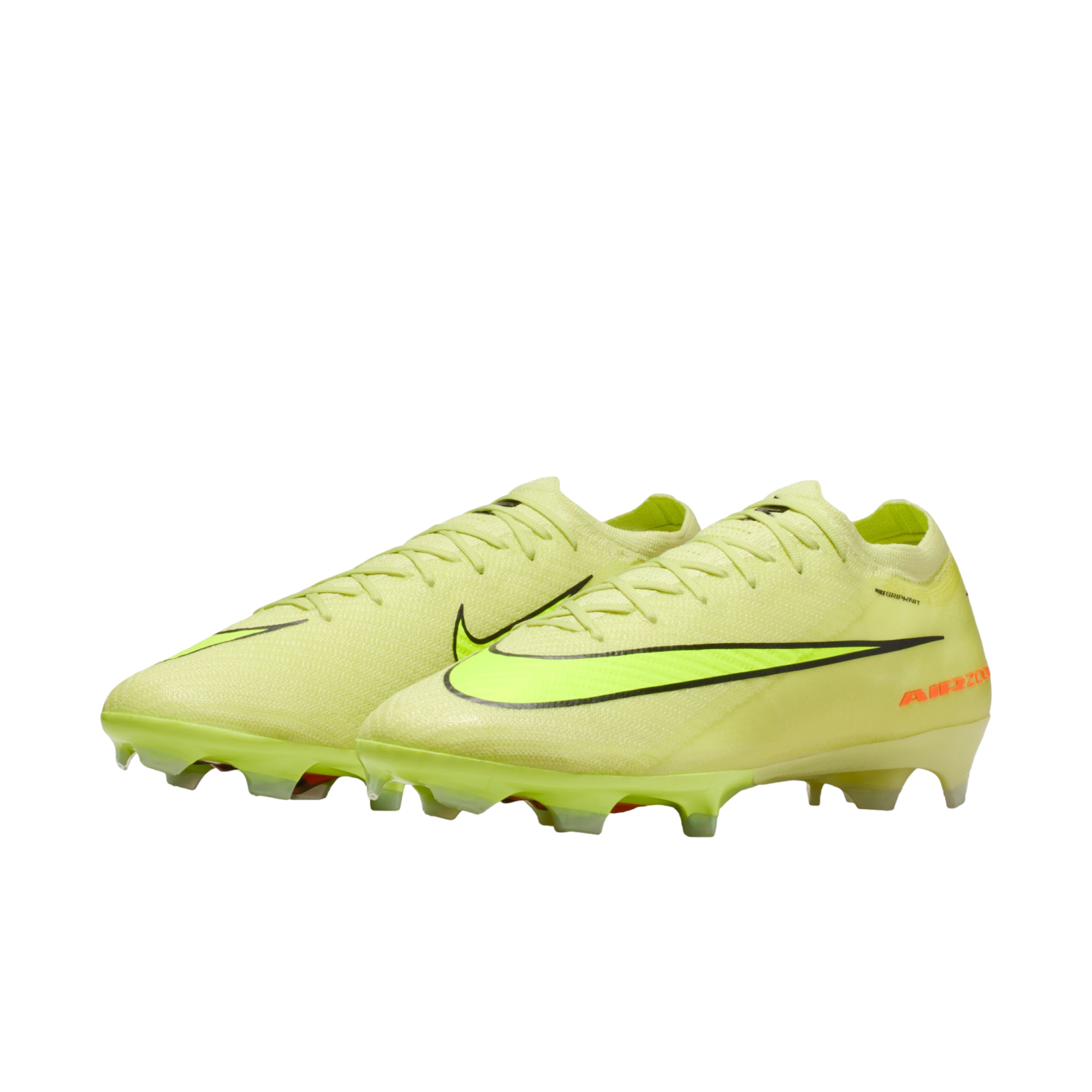 A pair of neon yellow Nike soccer cleats with a black swoosh and orange "AIR ZOOM" branding on the heel, set against a black background.