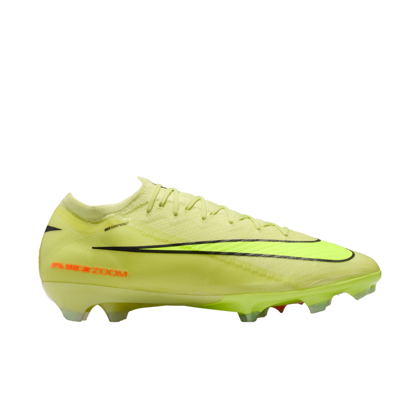 Side view of a neon yellow Nike soccer cleat featuring a black swoosh and orange "AIR ZOOM" branding, set against a solid black background.