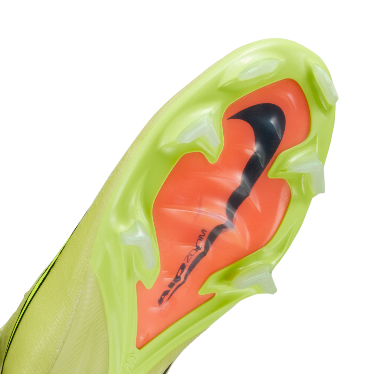 The sole of a neon yellow Nike football boot with translucent studs and an orange center plate featuring a black swoosh and "AIR ZOOM" text.
