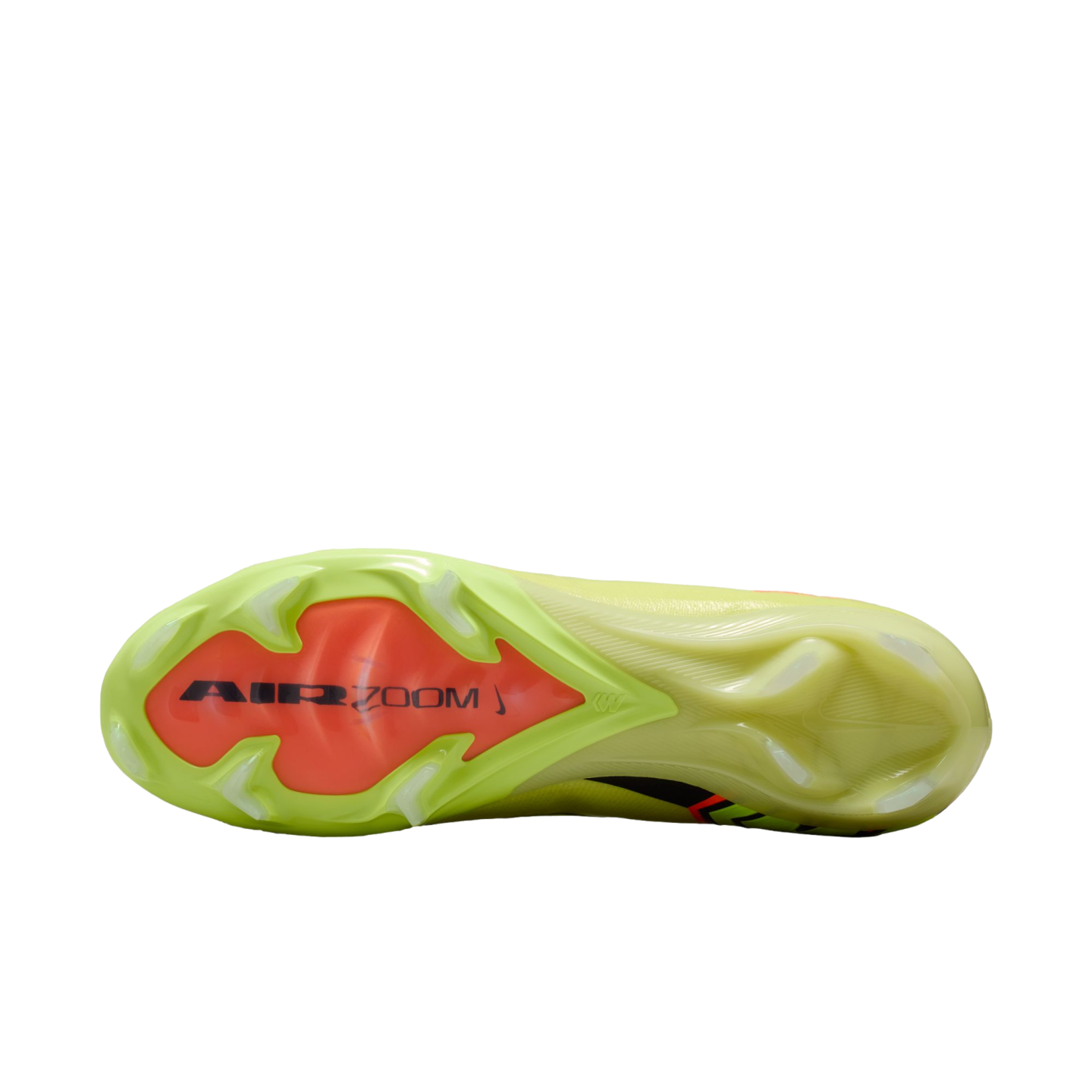 Bottom view of a lime green soccer cleat showing an orange plate with "AIR ZOOM" branding and white studs on a black background.