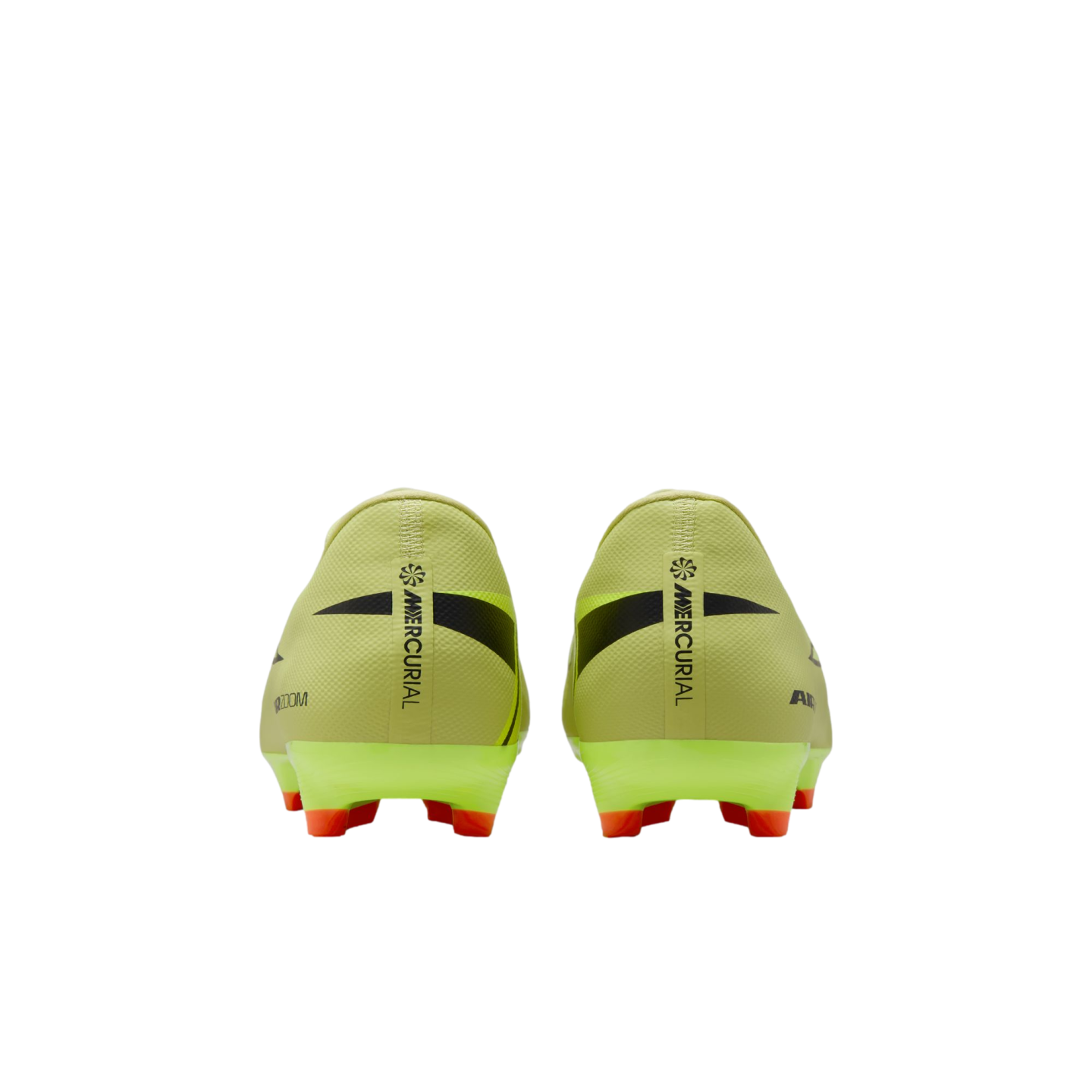 Rear view of pale yellow Nike Mercurial soccer cleats with bright orange studs against a black background.