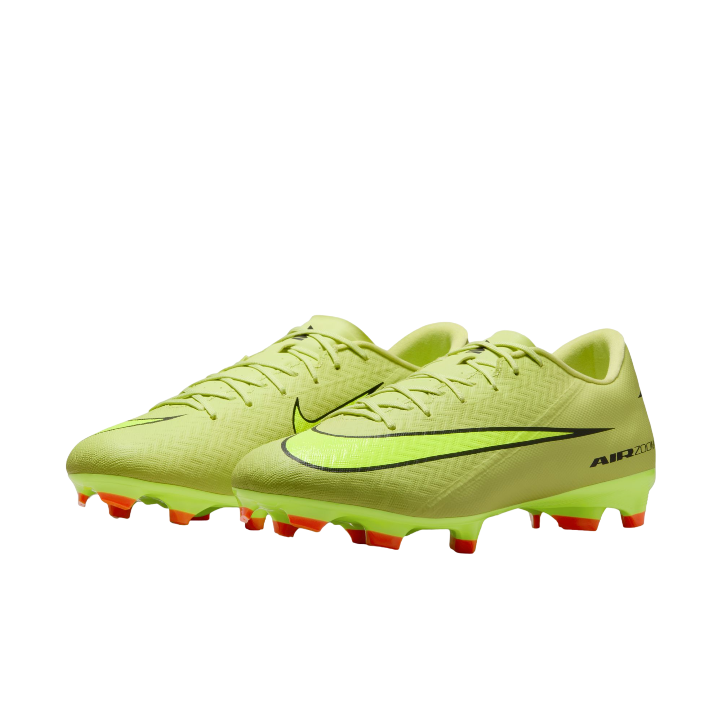 Neon yellow Nike soccer cleats with a textured upper, black swoosh, and orange studs, set against a black background.