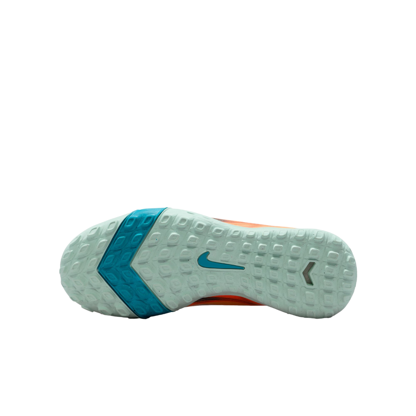 Sole of a light green Nike soccer shoe with small studs, a teal swoosh, and a blue chevron pattern on the forefoot, set against a black background.