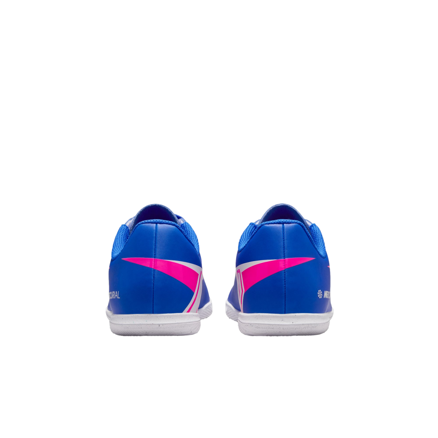 Rear view of blue soccer shoes with bright pink and white accents and white soles on a black background.