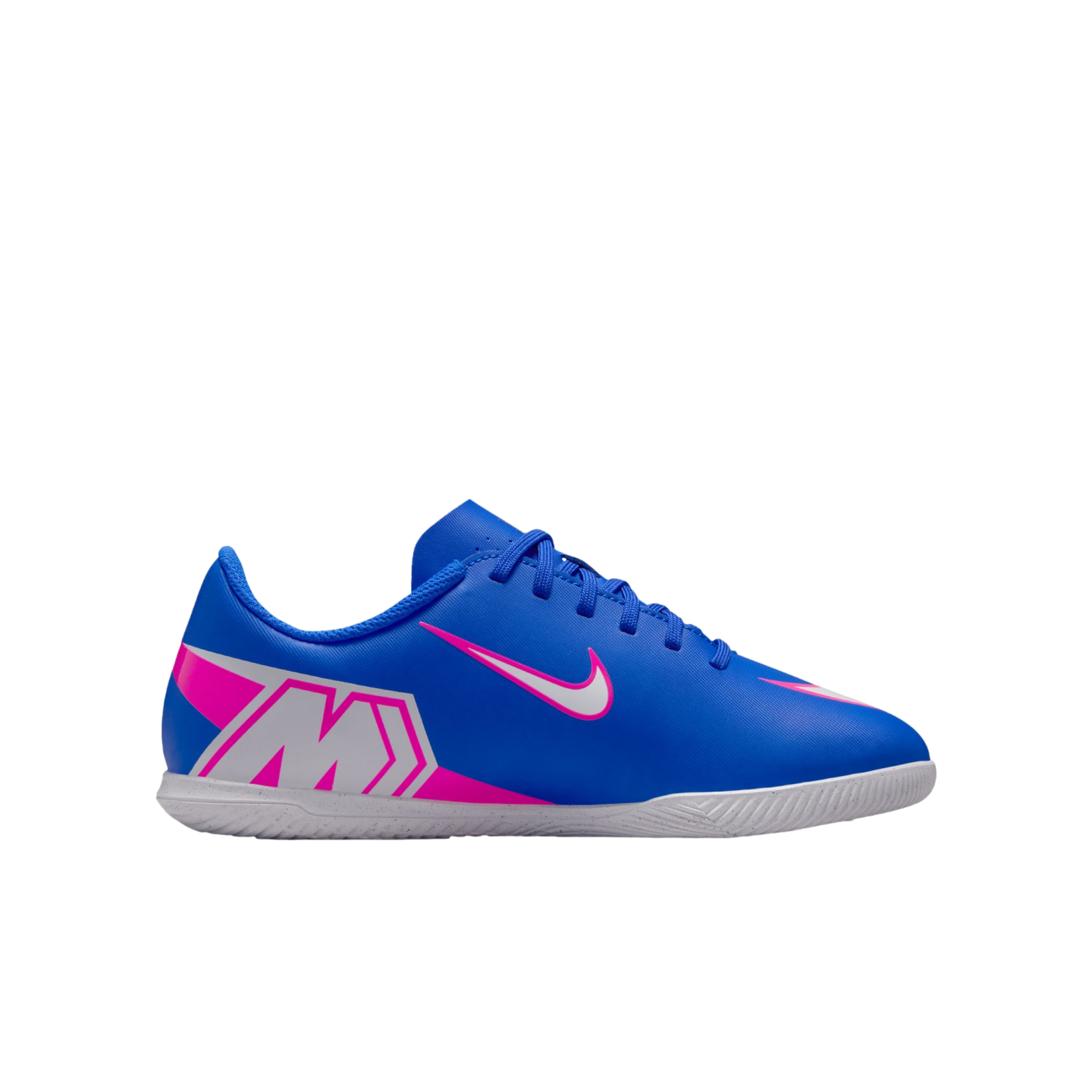 Blue Nike indoor soccer shoe with pink and white accents, featuring a stylized "M" on the heel and a pink swoosh on the side.
