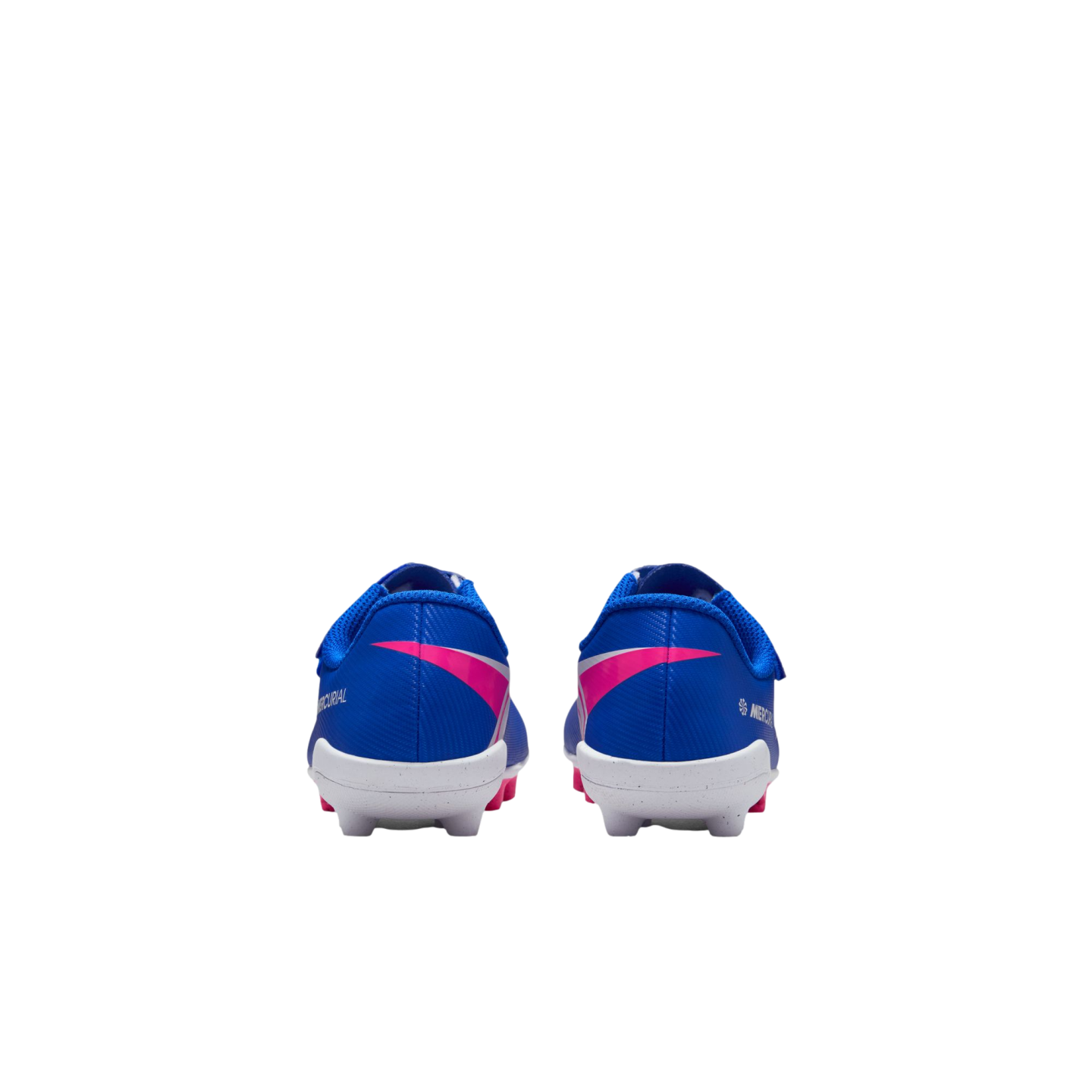 Rear view of blue Nike Mercurial soccer cleats with pink accents and white soles, centered against a solid black background.