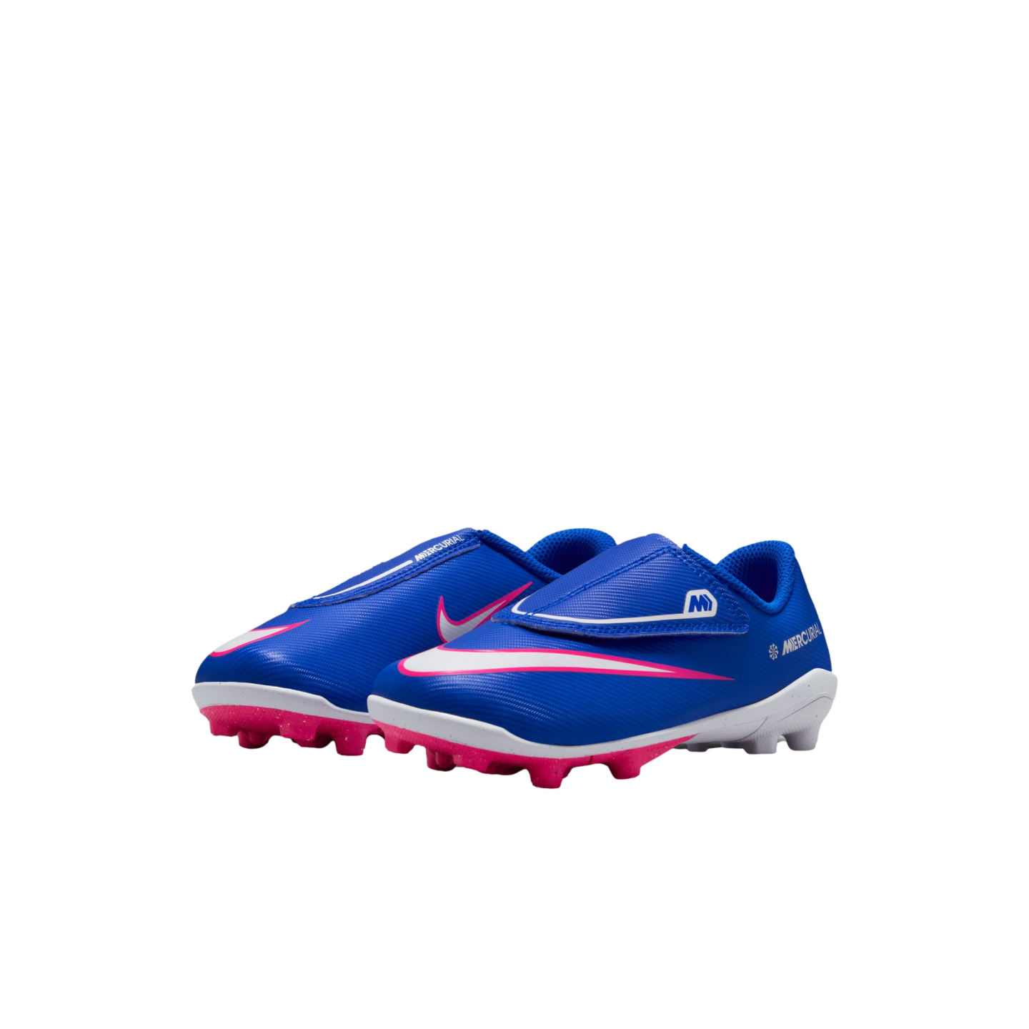 Pair of blue Nike Mercurial kids' soccer cleats with pink and white accents, featuring a large strap closure, set against a solid black background.