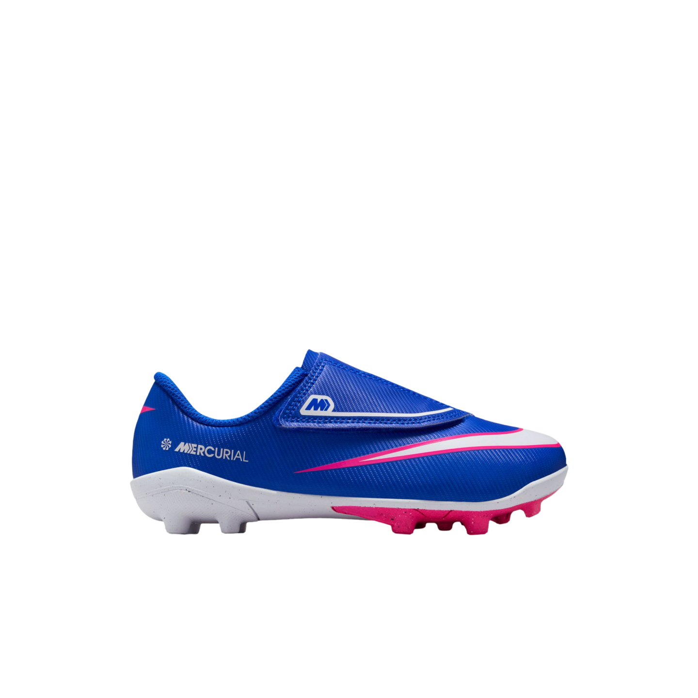 A blue Nike Jr. Mercurial soccer cleat for kids with pink and white accents, featuring a velcro strap and multi-ground studs.