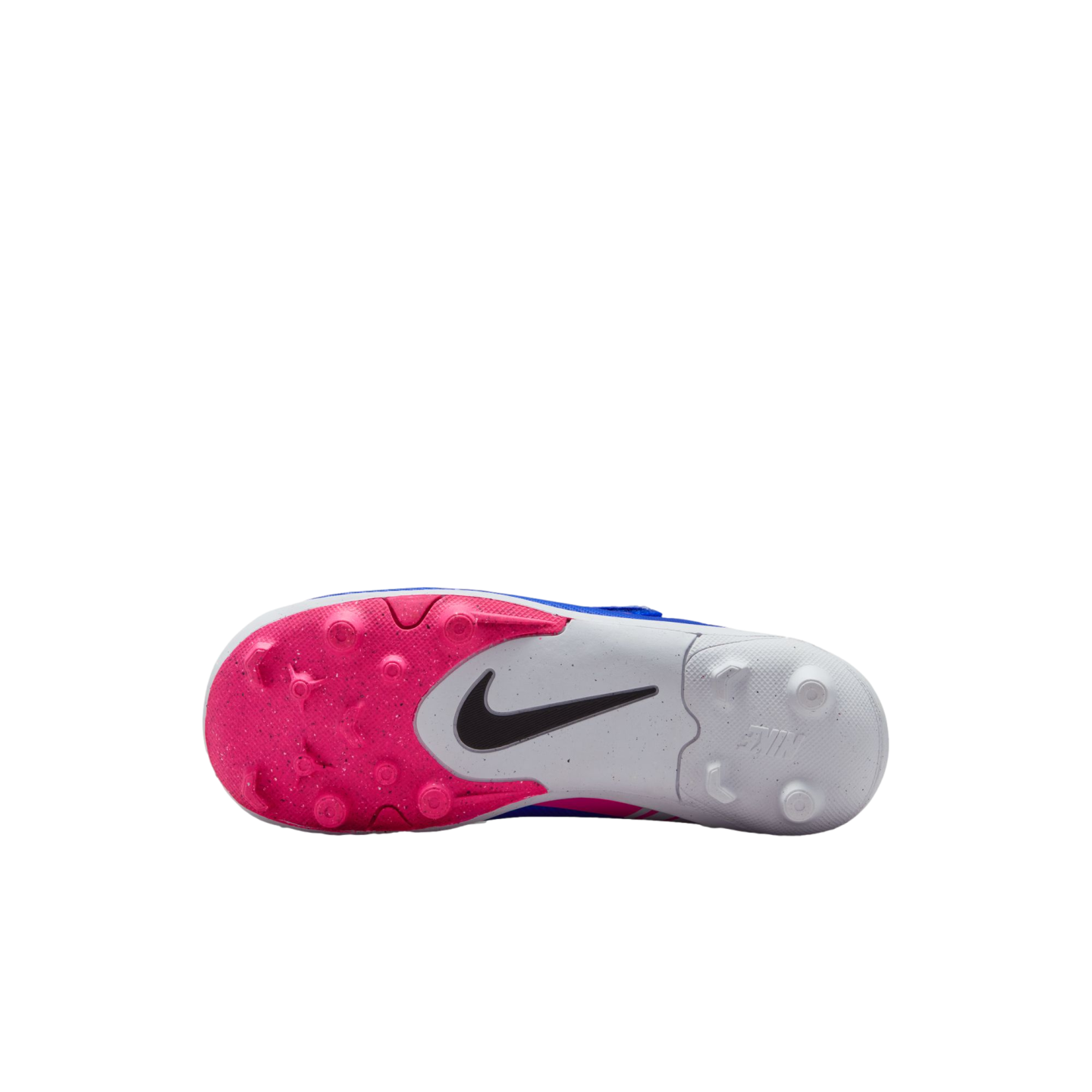 Bottom view of a Nike soccer cleat sole with a pink forefoot, white heel, and circular studs. A black Nike swoosh is in the center, all against a solid black background.