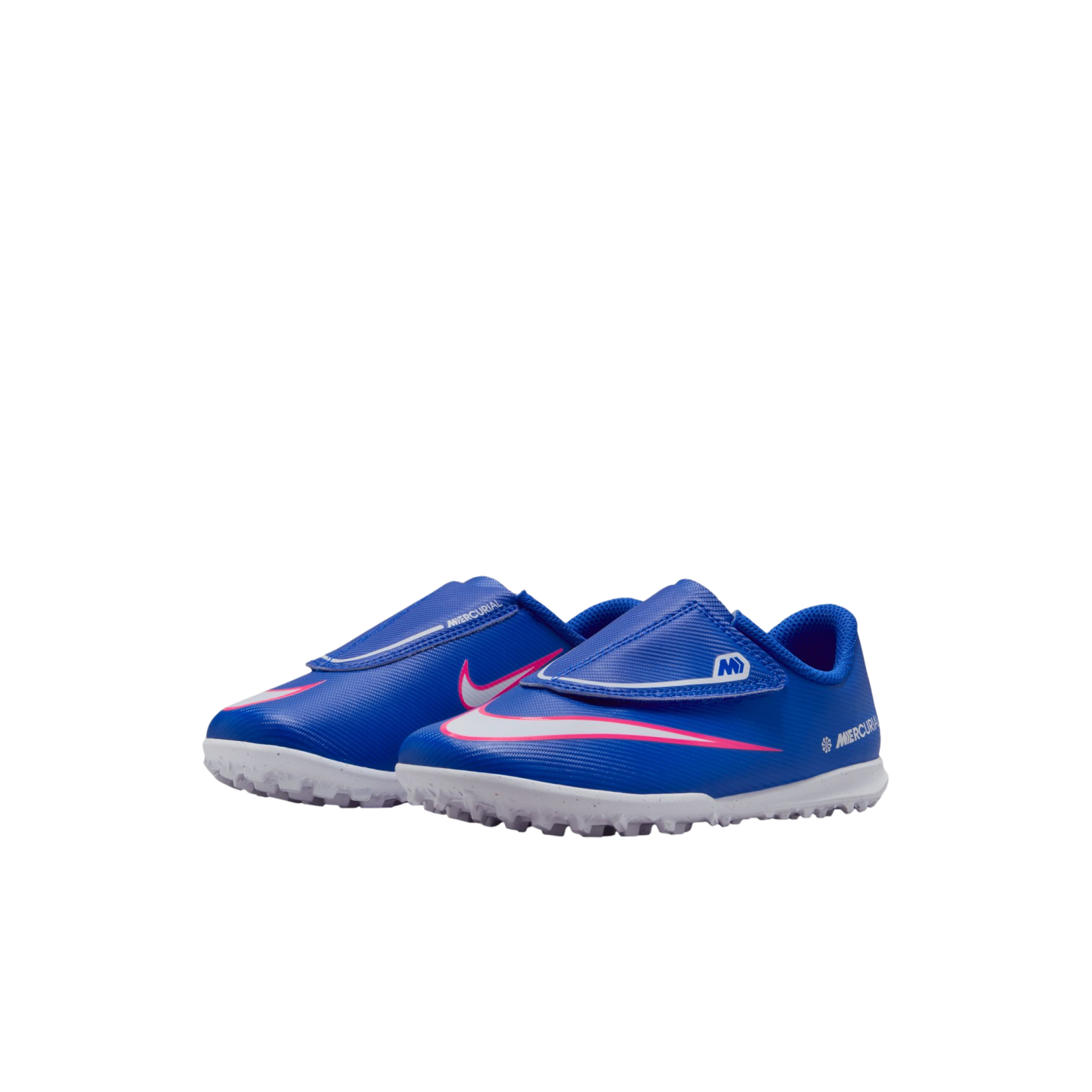 A pair of blue Nike Mercurial toddler soccer shoes with a pink and white swoosh and white turf outsoles.