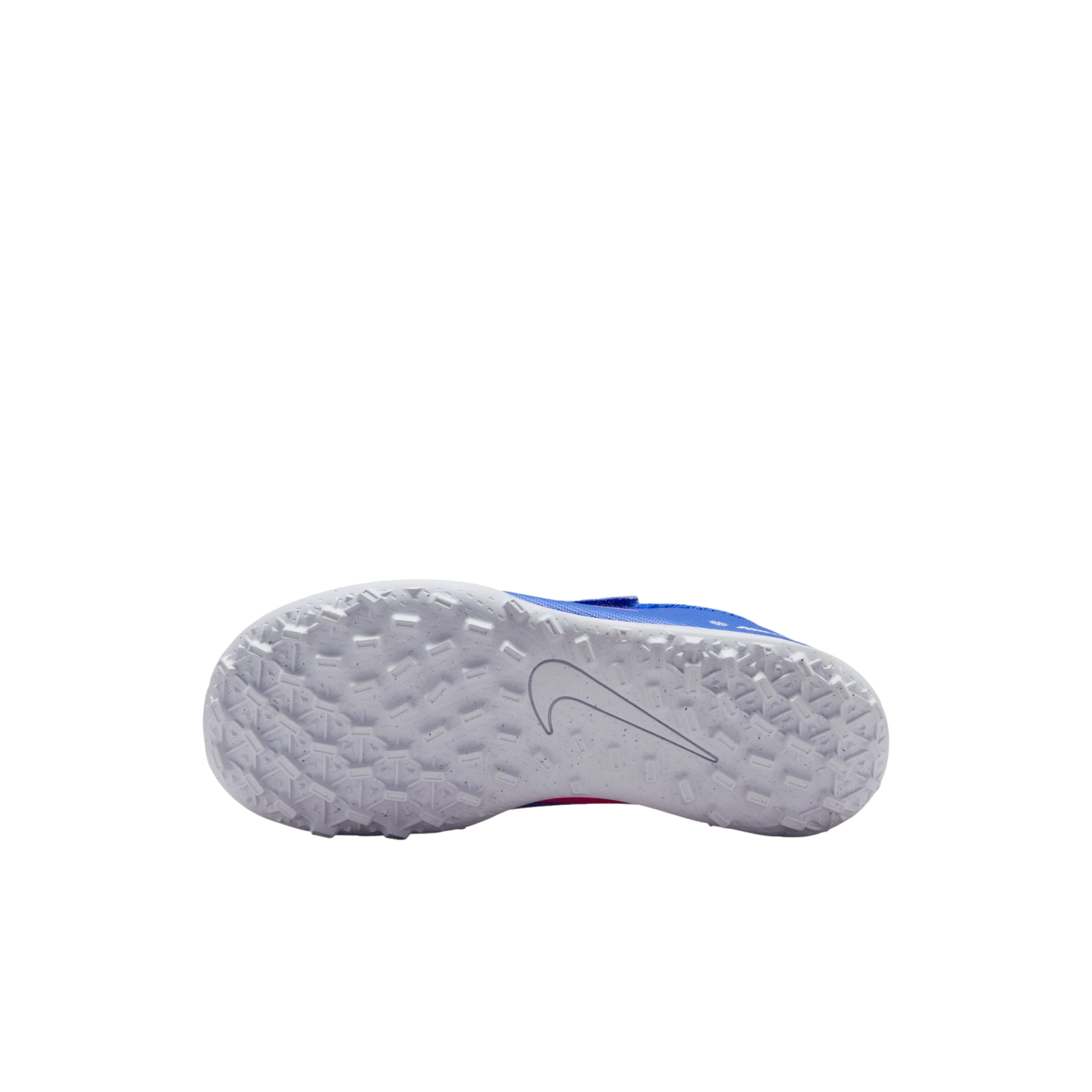 The bottom view of a white Nike turf shoe sole, featuring a dense pattern of small rectangular studs and a grey swoosh logo, set against a black background.