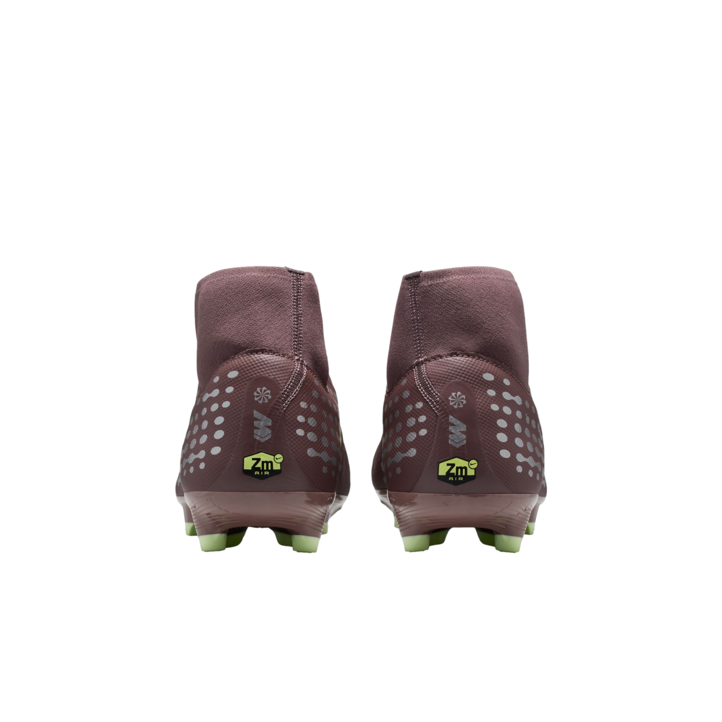 Rear view of two maroon Nike high-top soccer cleats with lime green studs and silver dot patterns, set against a black background.